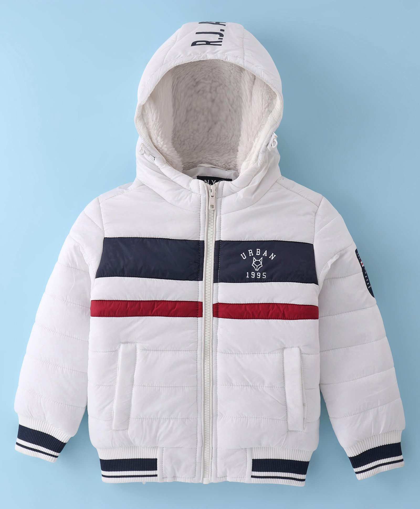 Ruff Woven Full Sleeves Padded Hooded Jacket with Text Print & Pocket Detailing - White-picture-35