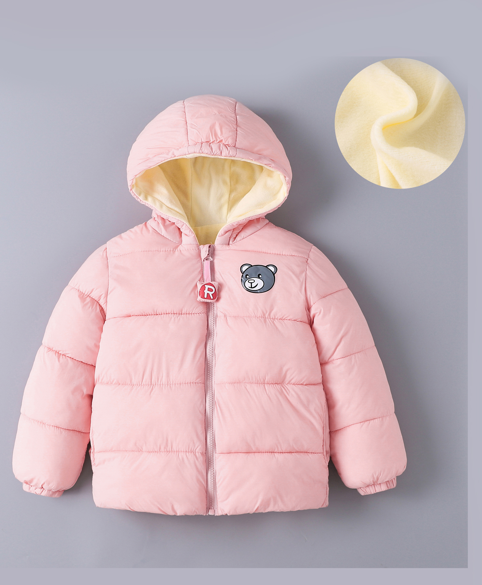 Kookie Kids Full Sleeves Padded Hooded Jacket with Quilted Design & Bear Patch Detailing - Baby Pink-image-9