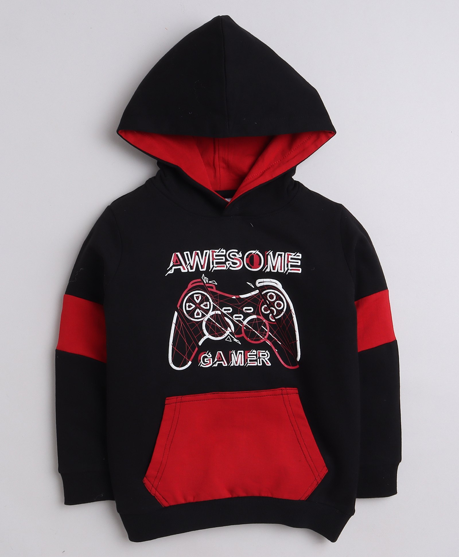 BUMZEE Full Sleeves Colour Block Awesome Gamer Text Printed Hooded Sweatshirt - Black-picture-22