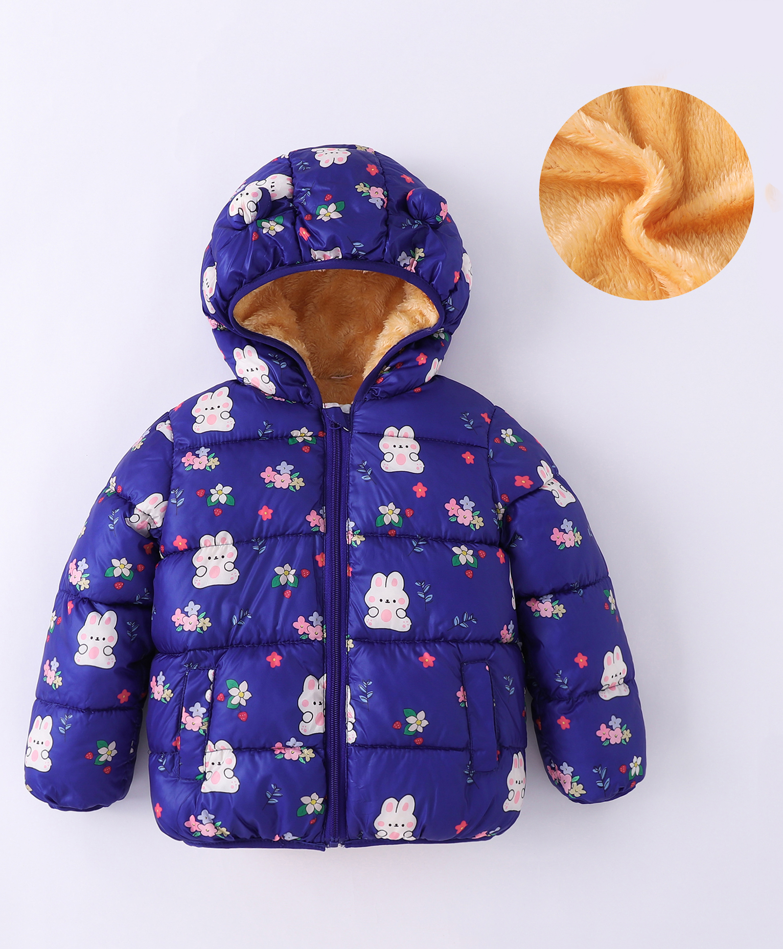 Kookie Kids Full Sleeves Padded Hooded Jacket with Bunny & Floral Print - Navy Blue-image-42