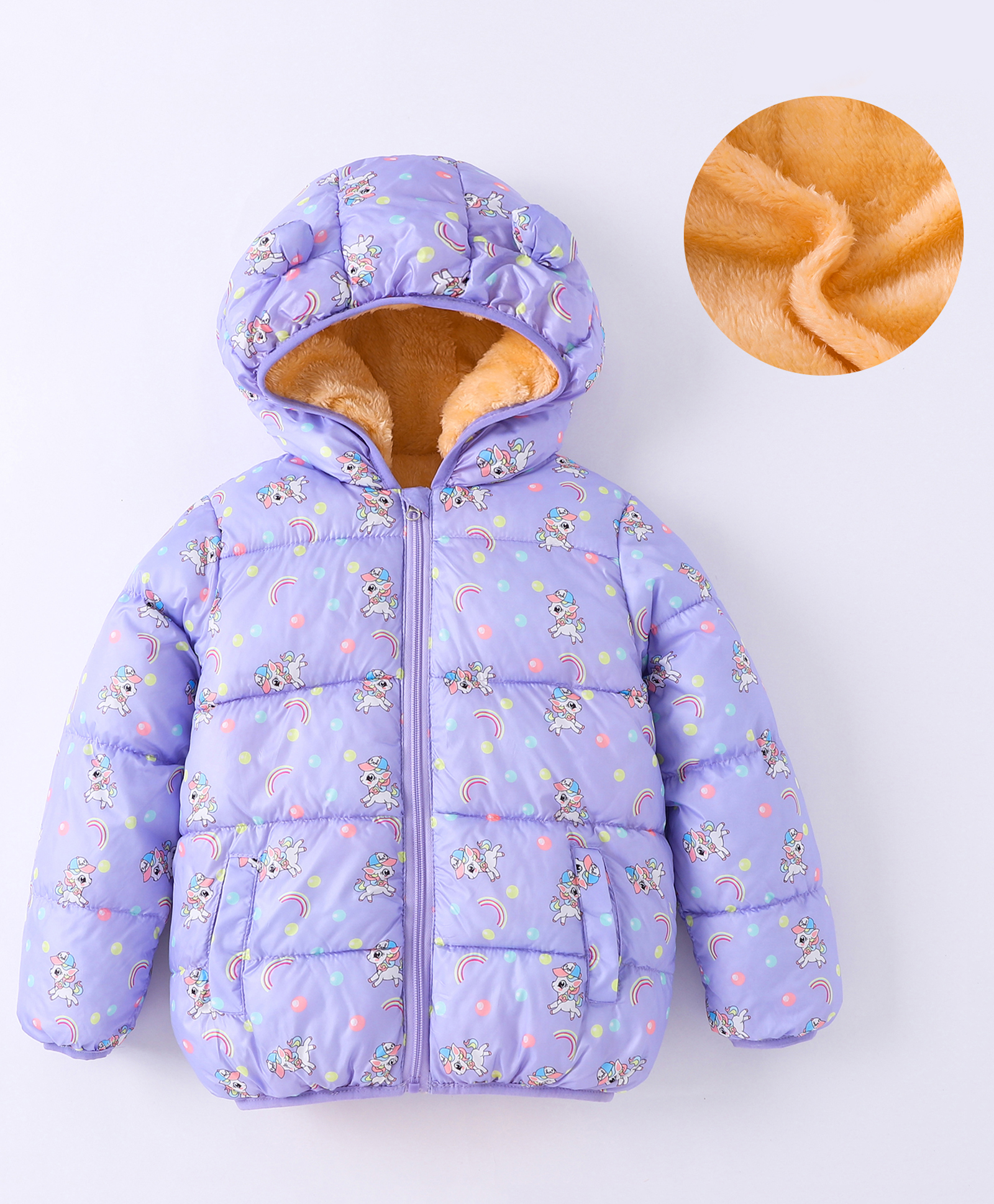 Kookie Kids Full Sleeves Padded Hooded Jacket with Unicorn Print - Lilac-image-46