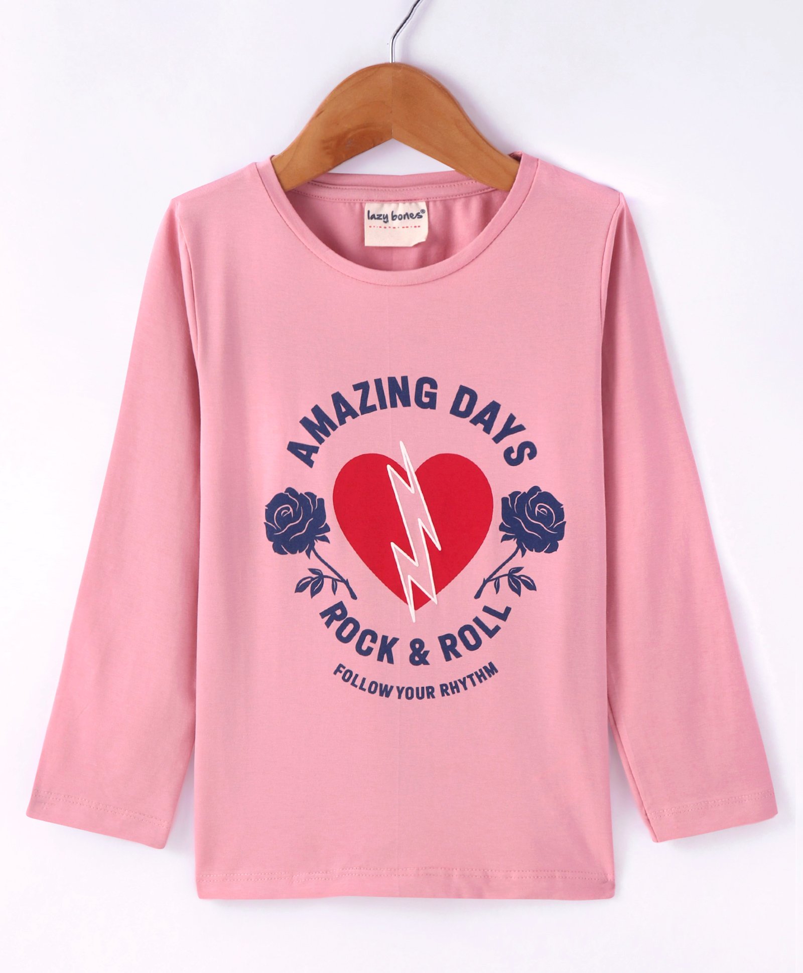 Lazy Bones Sinker Knit Full Sleeves T-Shirt with Text & Heart Print -Light Pink-picture-30