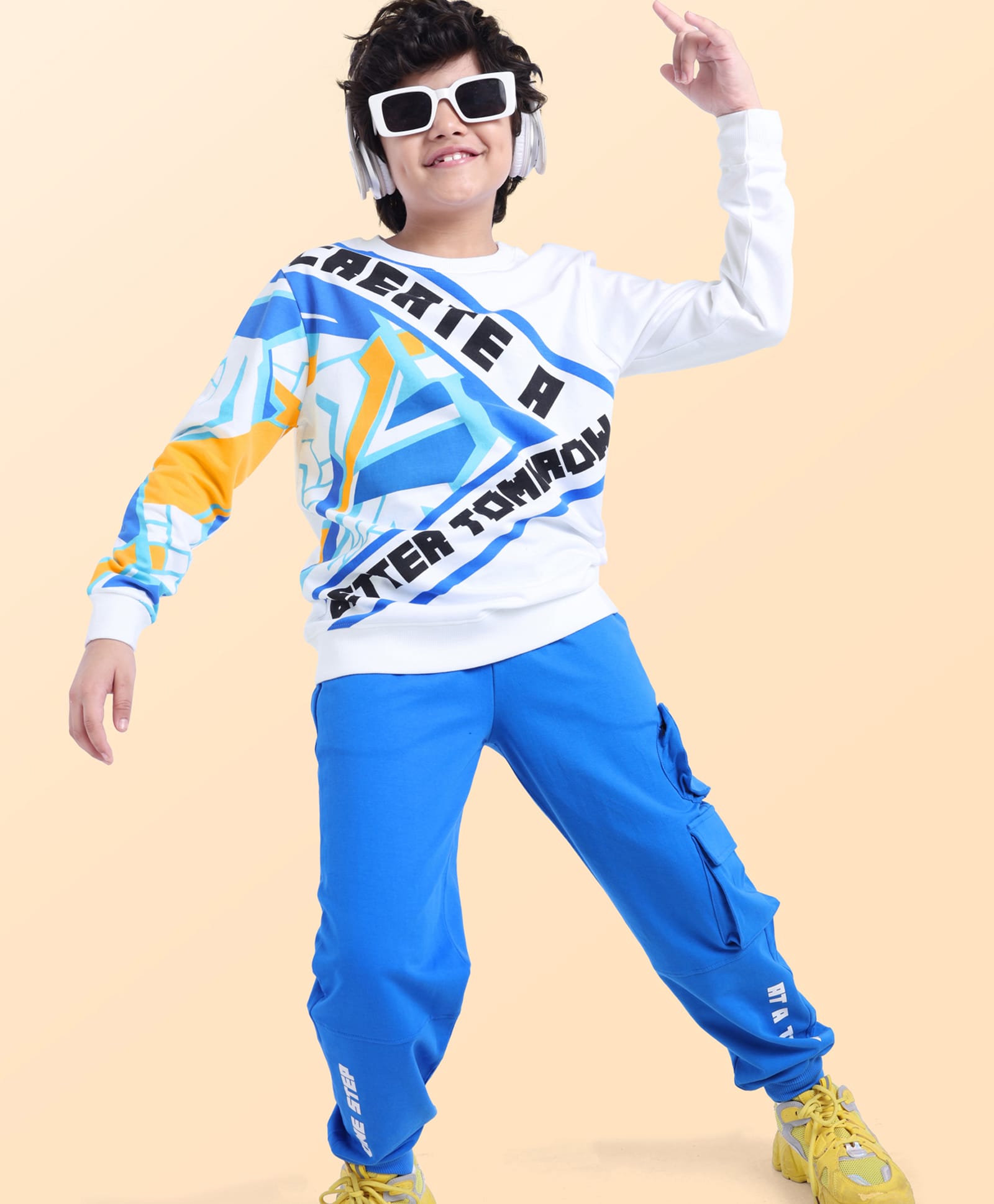 Ollington St. 100% Cotton Knit Full Sleeves Sweatshirt & Joggers Winter Wear Set With Text Print - White & Blue-picture-18