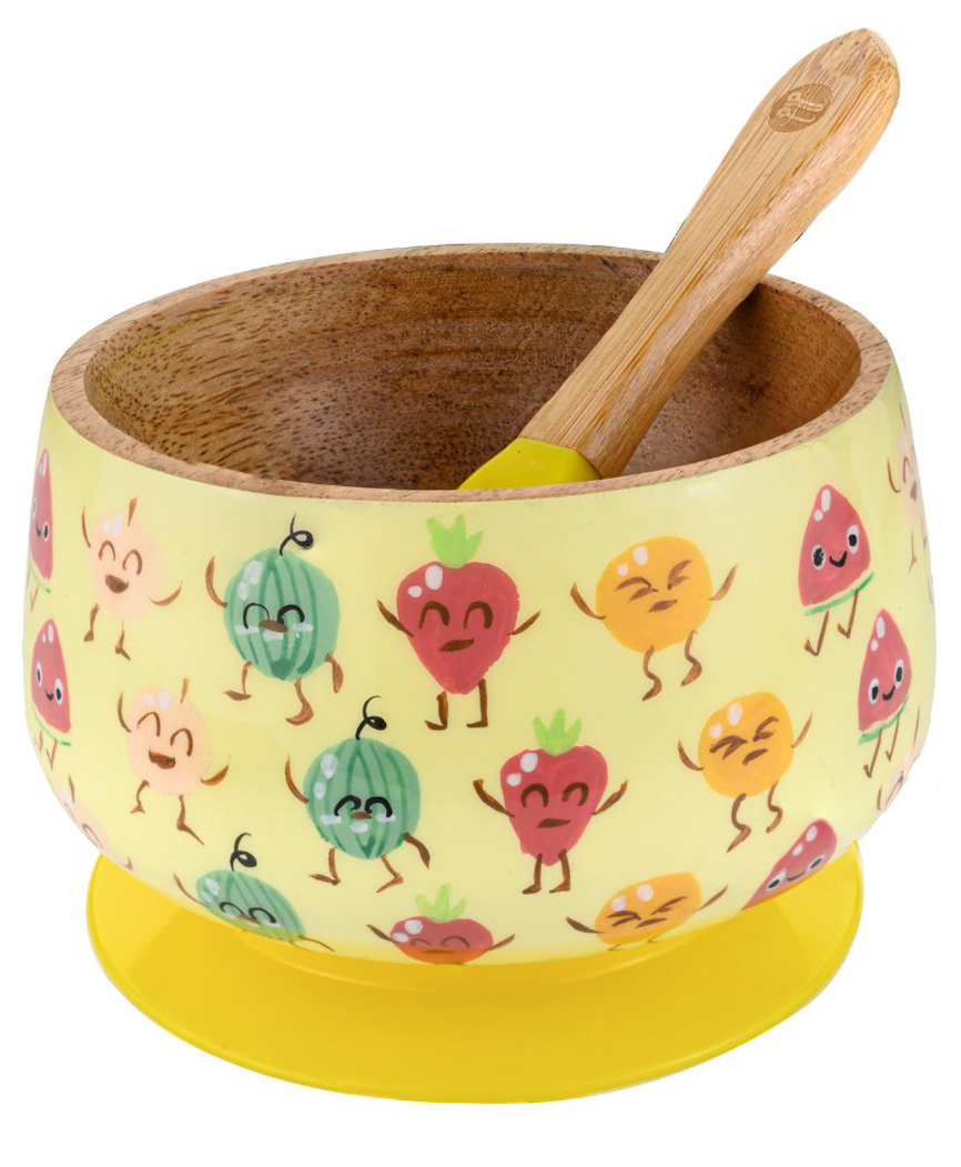 Taabartoli Truly Fruity Wooden Suction Bowl and Spoon Set - Yellow-picture-1