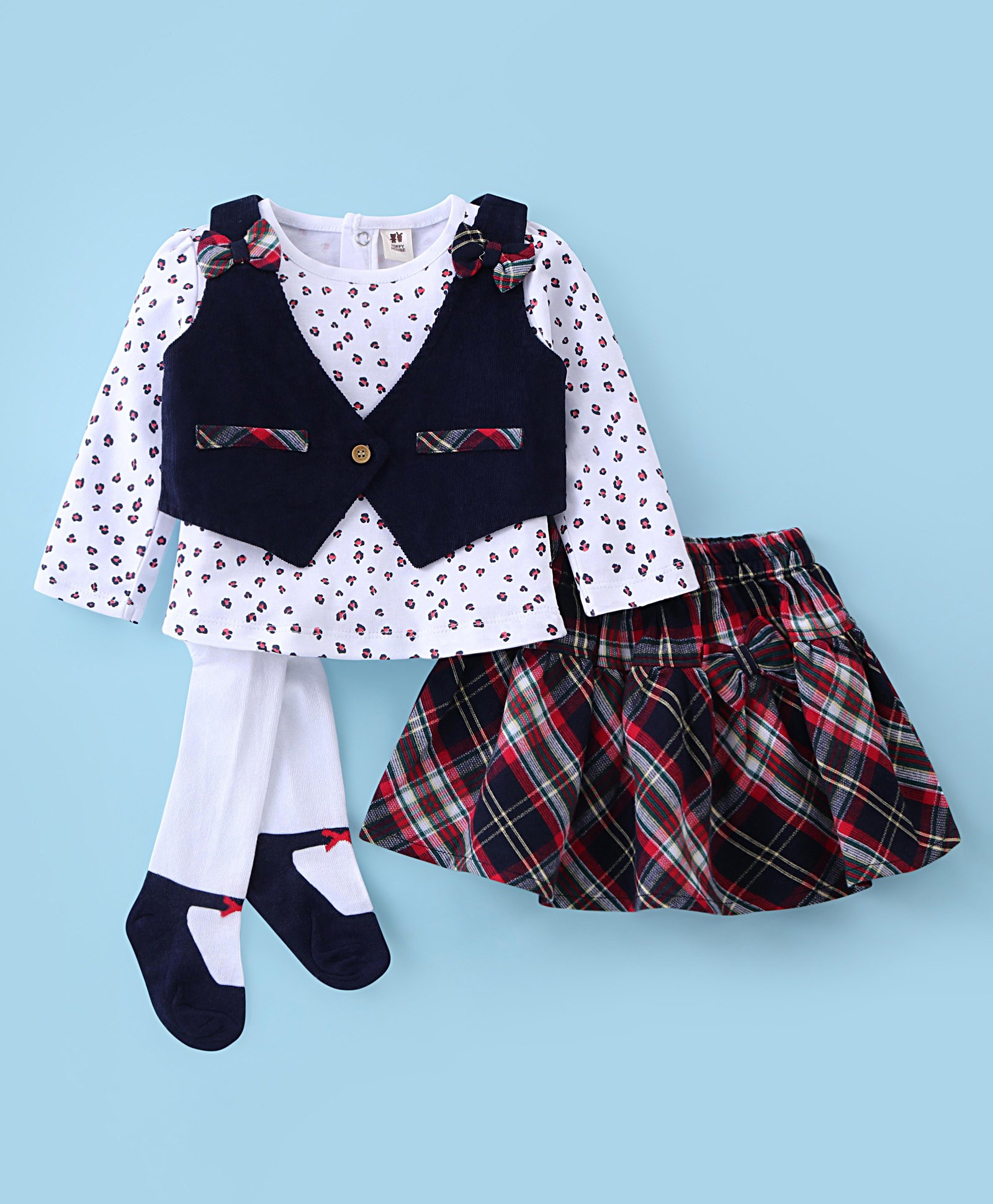 ToffyHouse 100% Cotton Knit Full Sleeves Floral Printed Top With Woven Waist Coat & Checkered Skirt & Stockings - White Navy & Red-image-4
