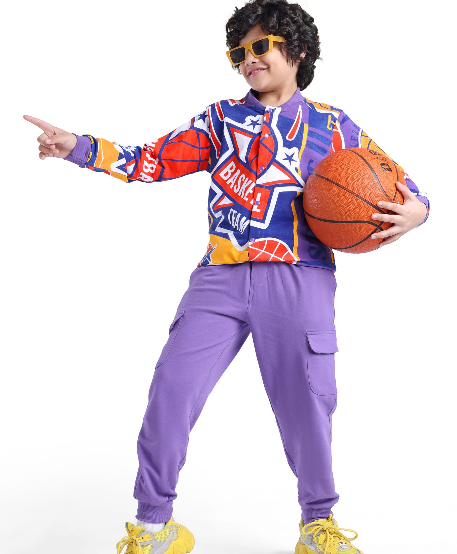 Ollington St. 100% Cotton Knit Full Sleeves Front Zipper Sweatshirt & Joggers Set With Basketball Print - Purple-picture-14