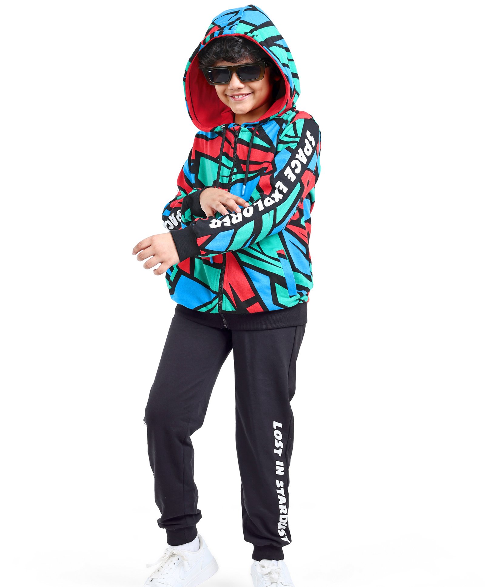 Ollington St. 100% Cotton Knit Full Sleeves Hooded Front Zipper Printed Sweatshirt & Joggers Set - Multicolor-picture-20