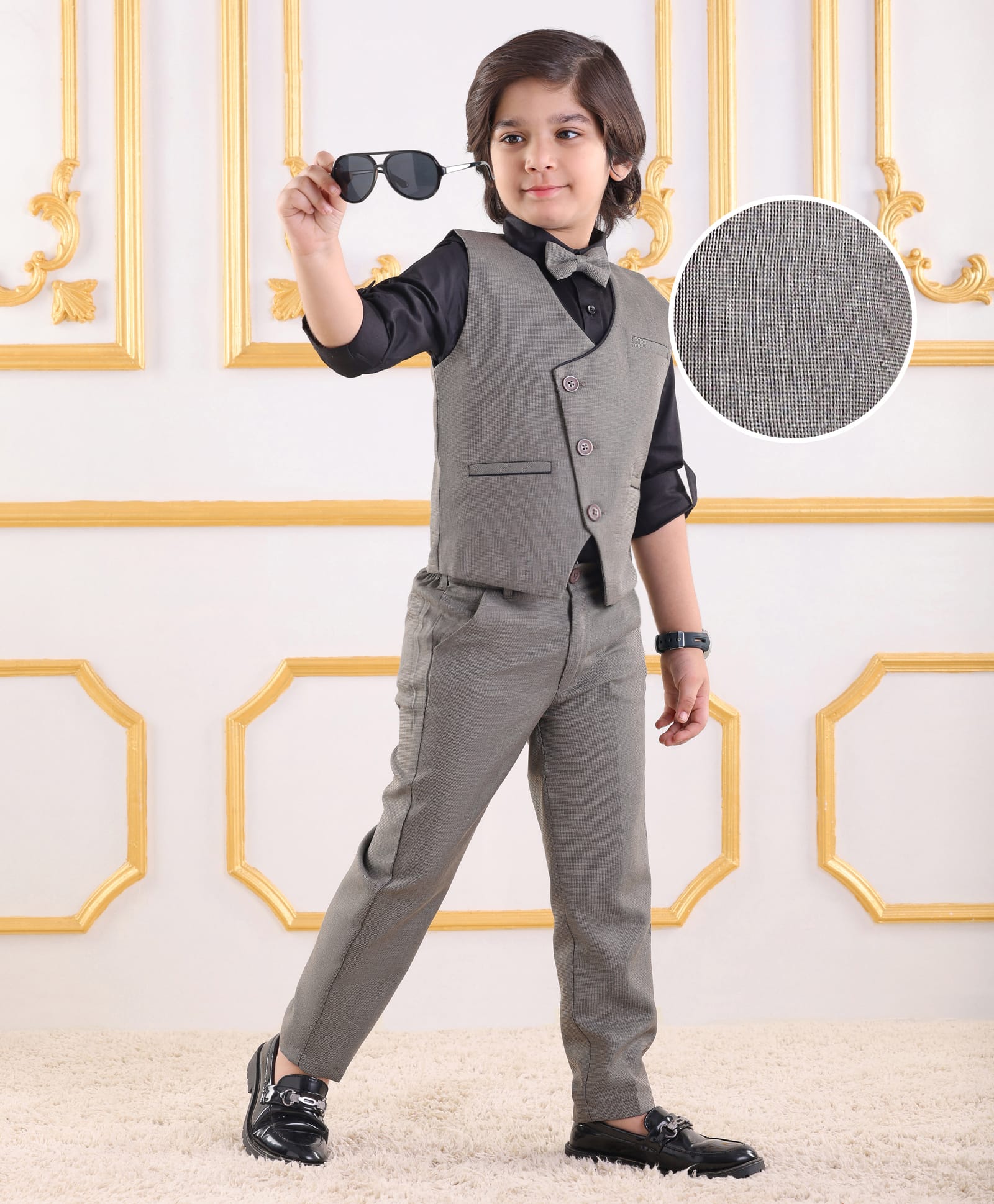 Mark & Mia Full Sleeves 3 Pieces Party Suit with Checked Waist Coat & Bow Detailing - Grey& Black-picture-25