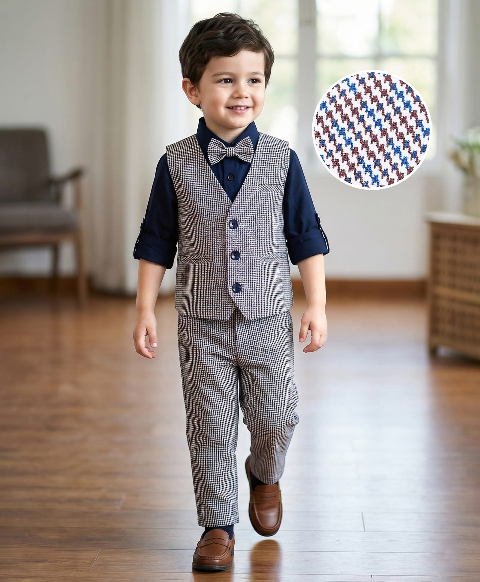 Mark & Mia Cotton Woven Full Sleeves Checkered 3 Piece Party Suit With Bow - Grey & Navy Blue