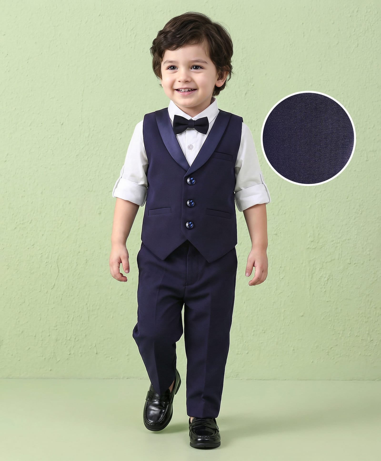 Mark & Mia Cotton Woven Full Sleeves Solid Colour 3 Piece Party Suit With Bow - Navy Blue & White