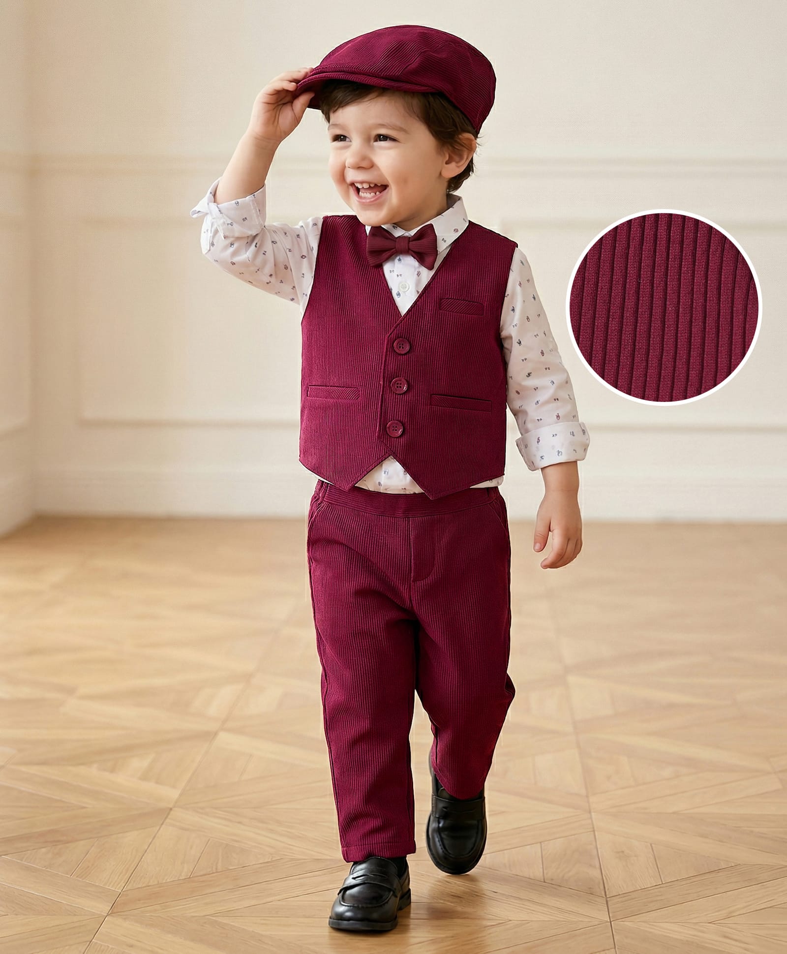 Mark & Mia Full Sleeves Printed 3 Piece Party Suit with Bow & Hat - Maroon-picture-10