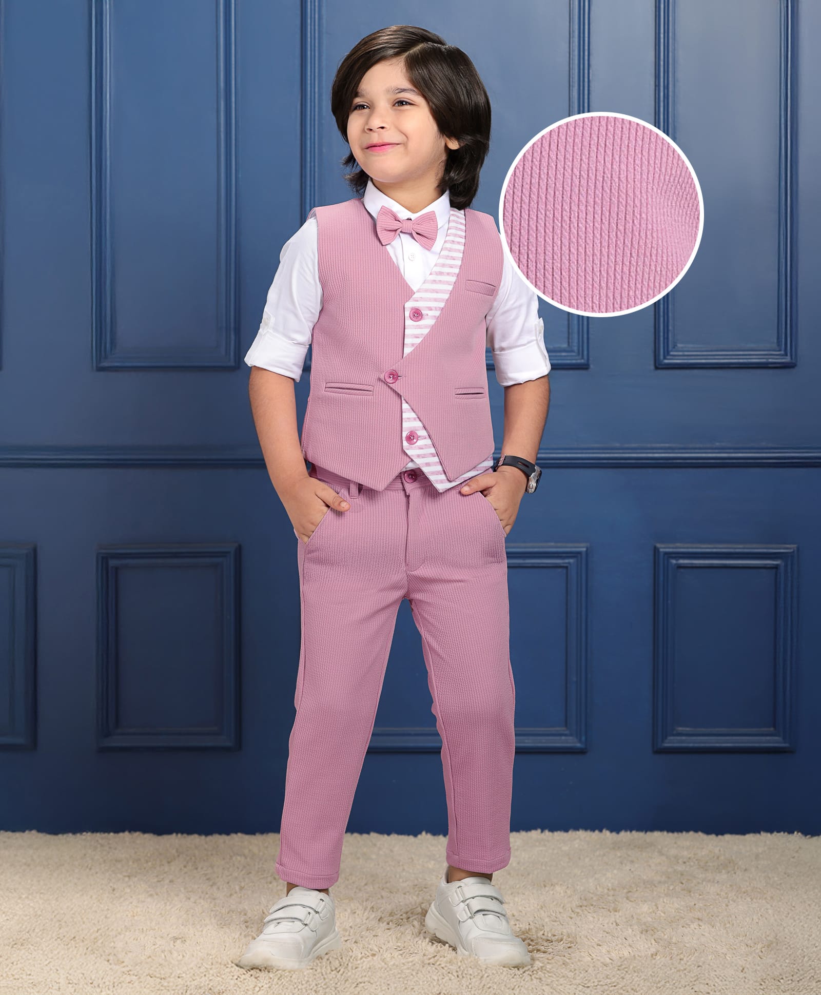 Mark & Mia Full Sleeves Striped 3 Piece Party Suit with Bow - Pink & White-picture-26