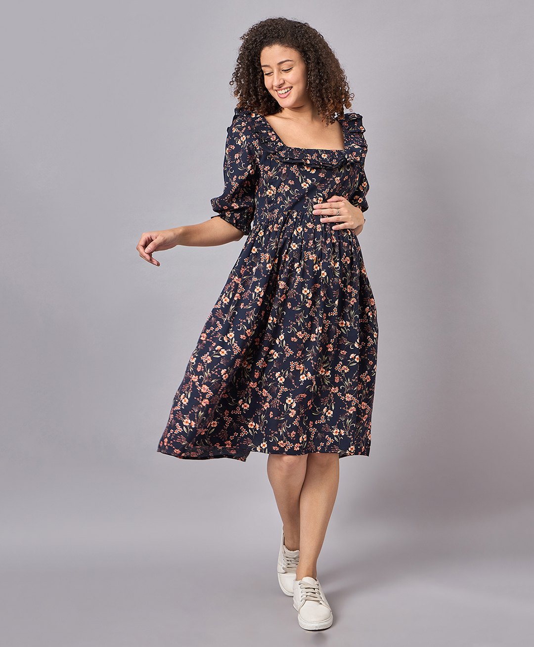 Mine4Nine Three Fourth Sleeves Frill Detailed Floral Printed Maternity Dress With Concealed Zipper Nursing Access - Navy Blue-image-49