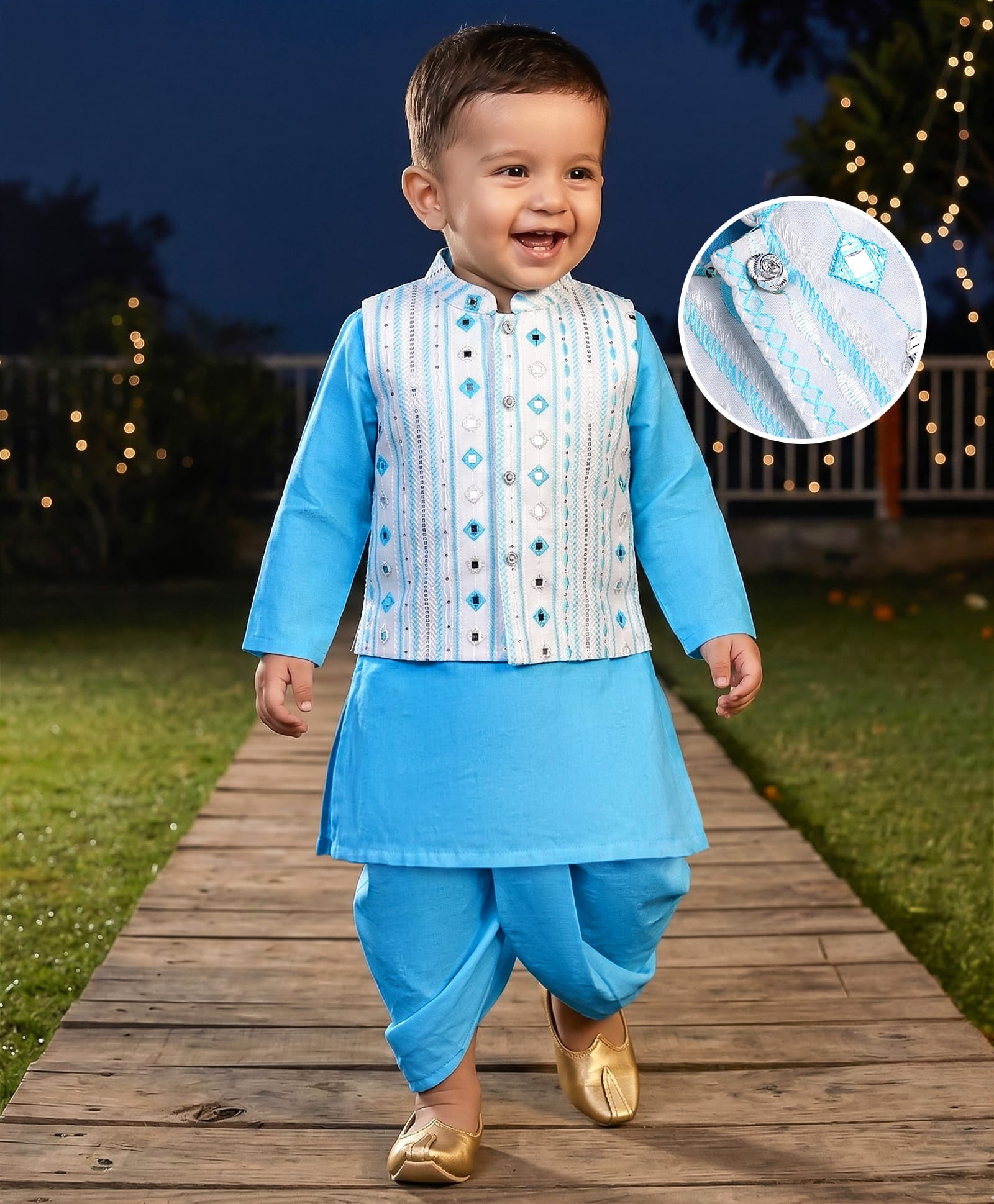 Babyhug Woven Full Sleeves Kurta Dhoti Set with Mirror Embroidered Jacket - Blue-image-11