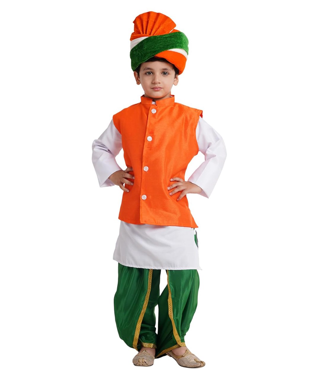 Kaku Fancy Dresses Independece Day Theme Full Sleeves Solid Kurta With Jacket Lace Detailed Dhoti & Tri Colour Safa - Multi Colour-image-20