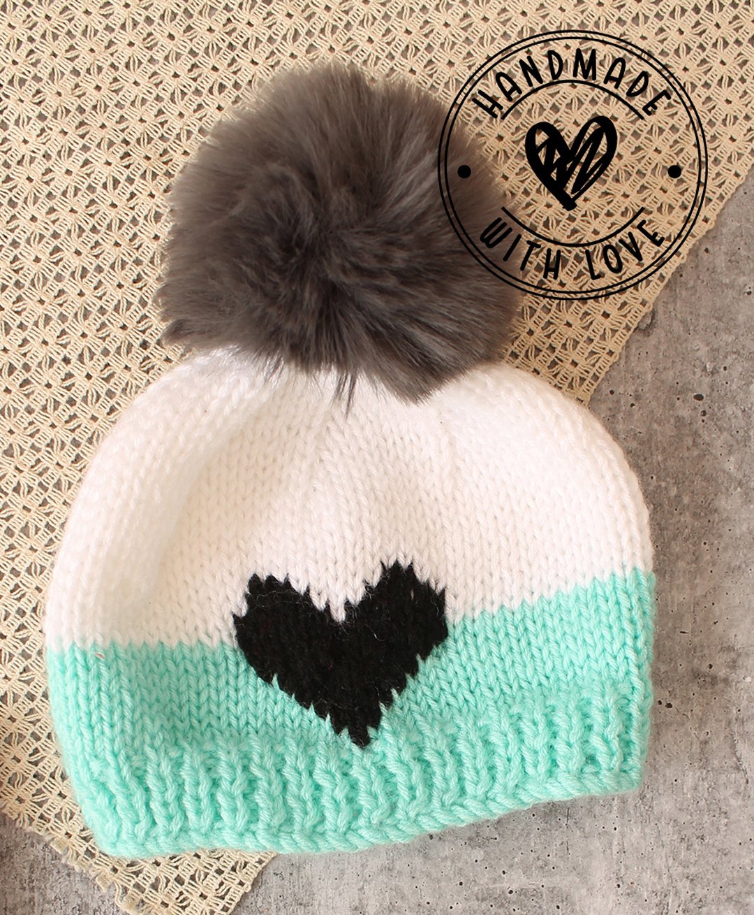 Woonie Handknitted Intarsia Pom Pom & Heart Detailed Cap - White-picture-16