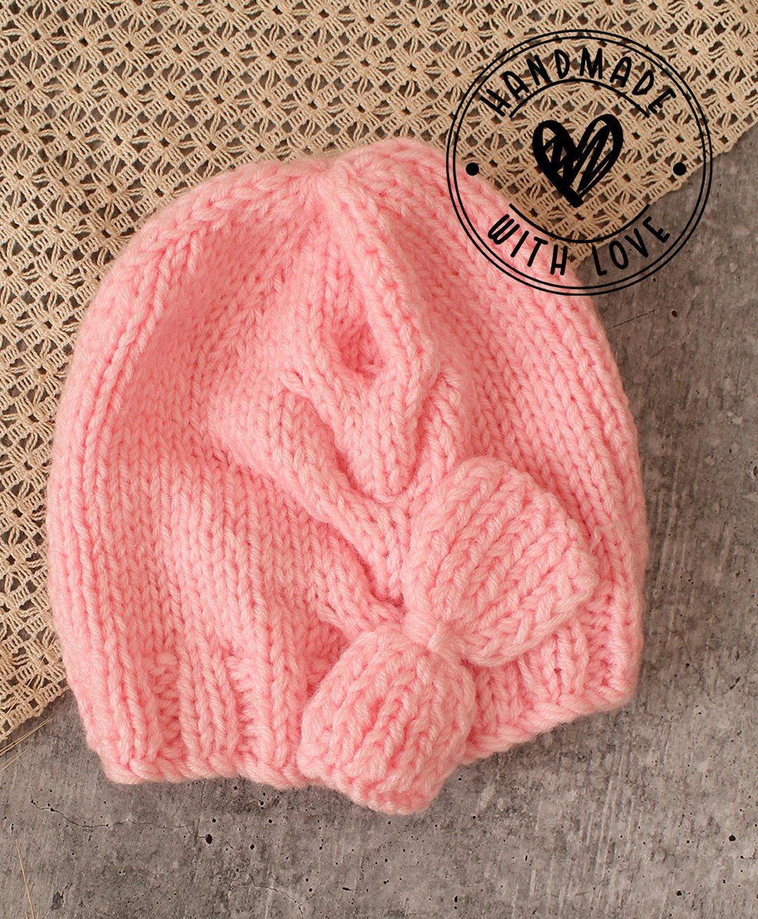 Woonie Handknitted Cable Knit Designed & Bow Detailed Cap - Pink-picture-26