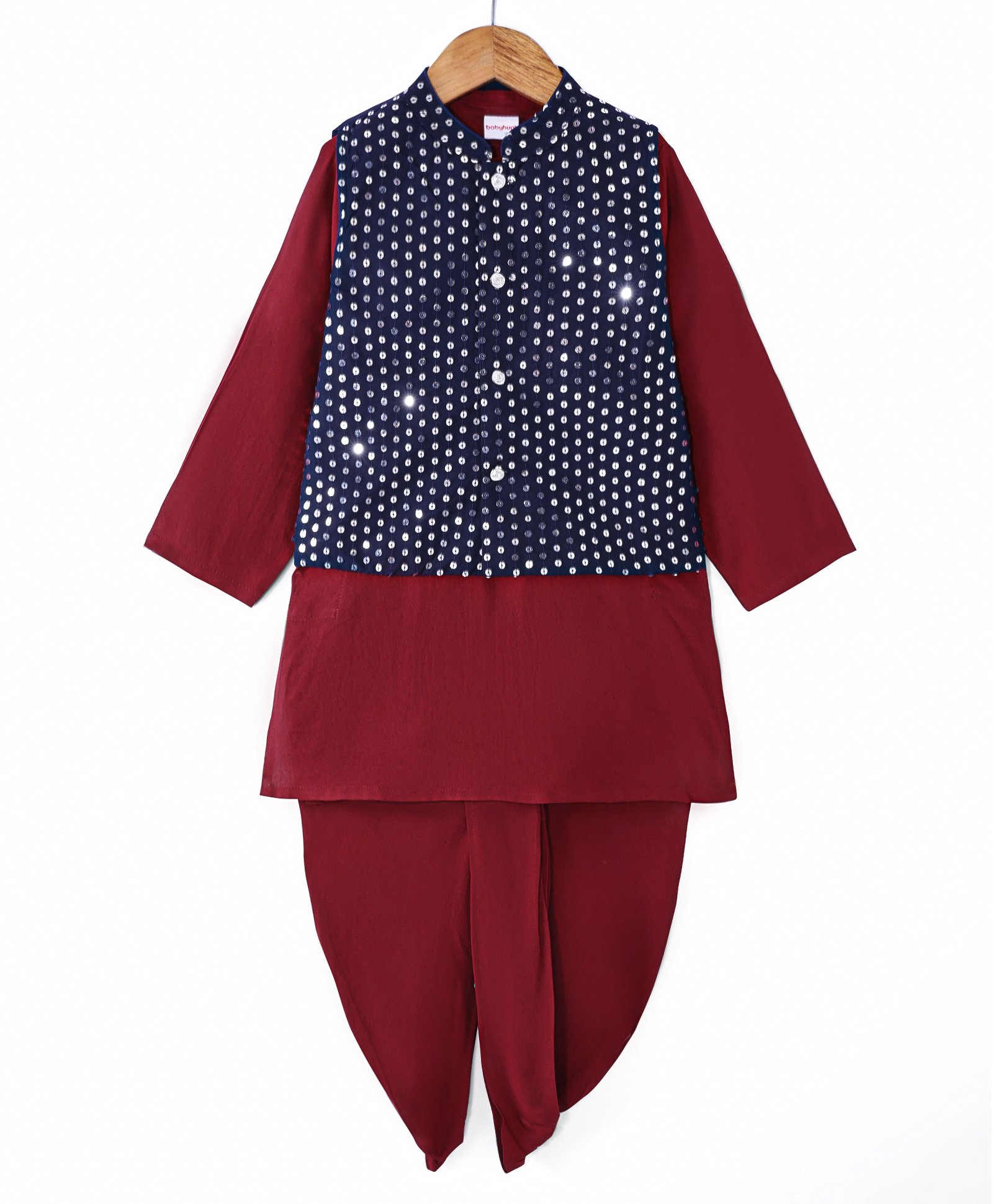 Babyhug Woven Full Sleeves Solid Kurta Dhoti Set with Sequin Embroidered Jacket - Navy Blue & Maroon-picture-13