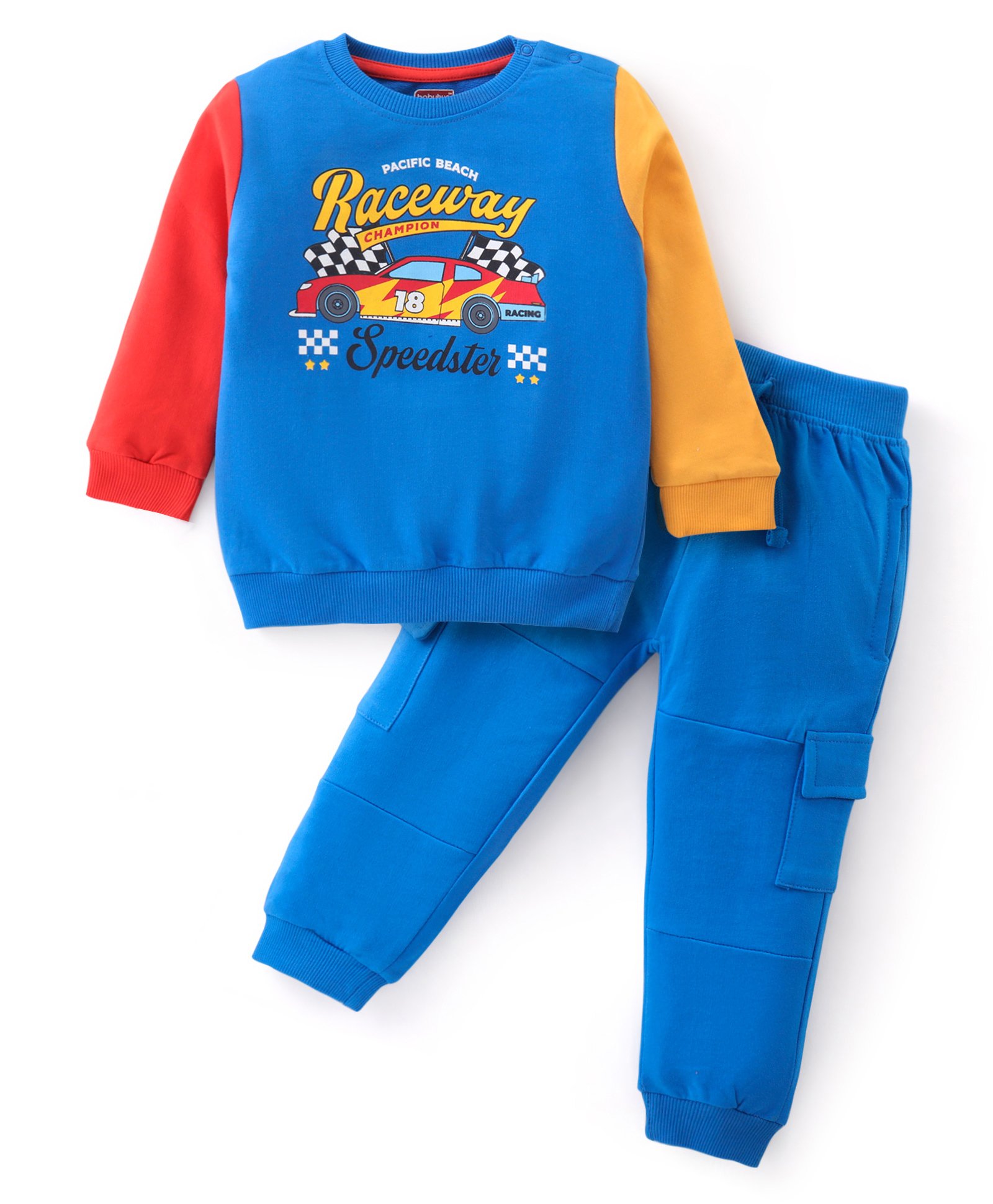 Babyhug Terry Knit Full Sleeves T-Shirt and Lounge Pant Set with Racing Car Print -Blue-picture-26