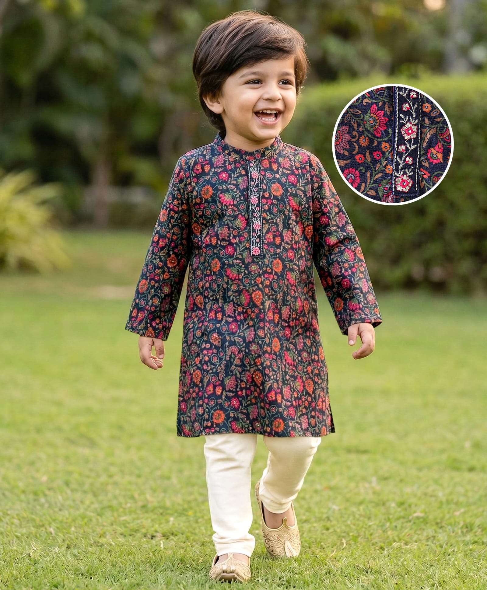 Babyhug Woven Full Sleeves Kurta Pyjama Set with Floral Print - Navy Blue-image-32