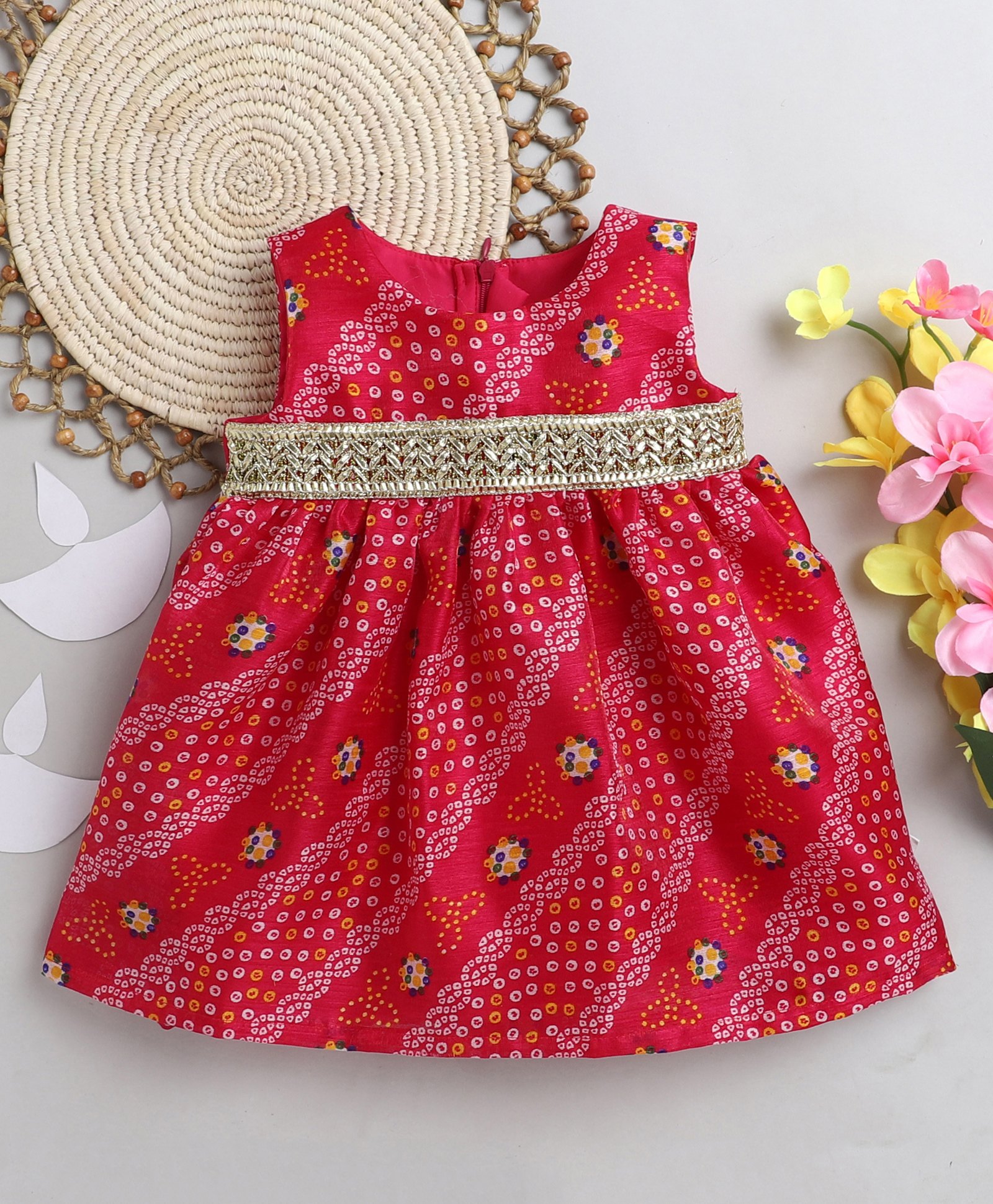 Many frocks & Sleeveless Bandhej Printed Ethnic Dress - Pink-image-30
