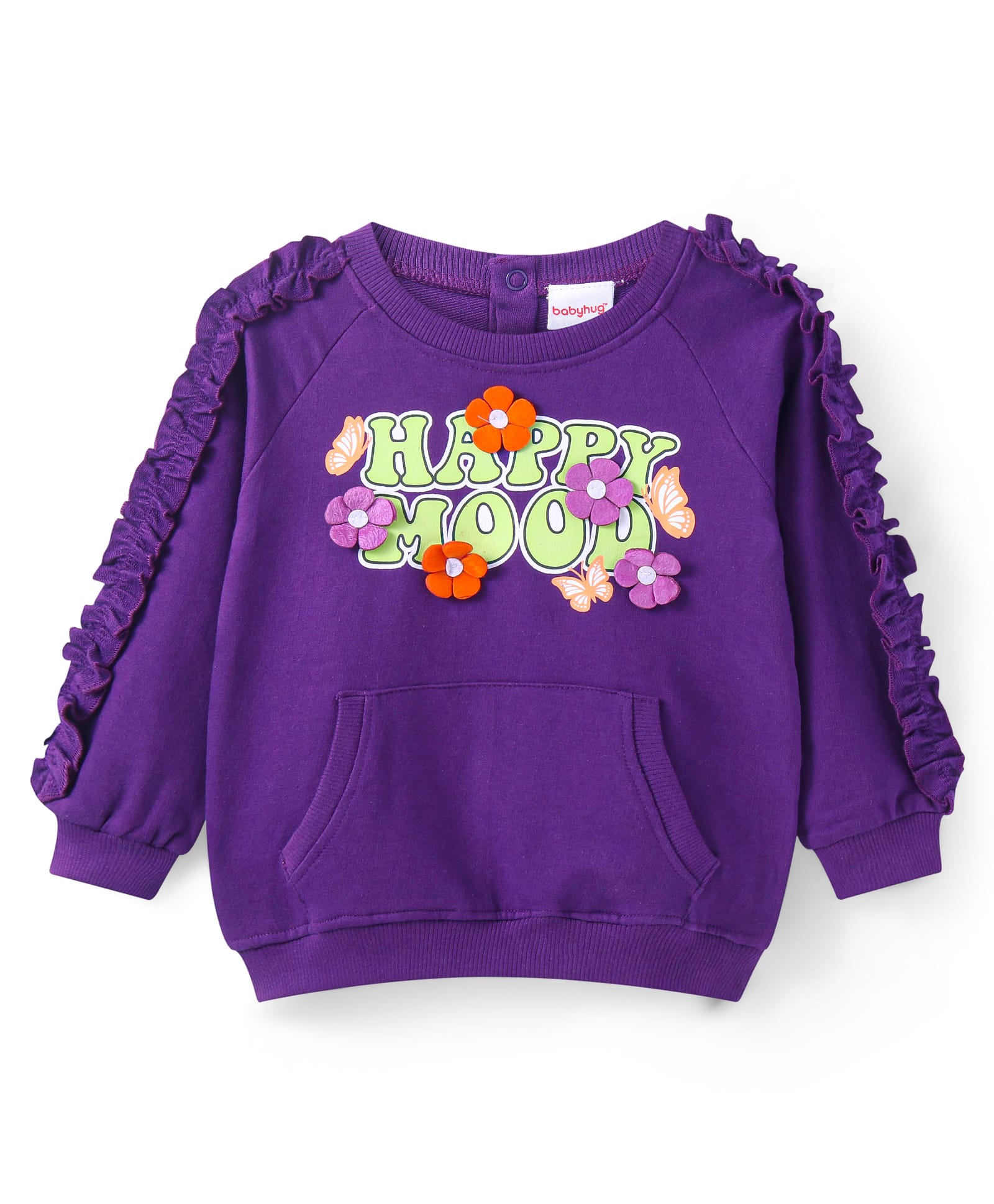 Babyhug Cotton Knit Full Raglan Sleeves Sweatshirt With Text Graphics Floral Applique & Kangaroo Pockets - Purple-image-44