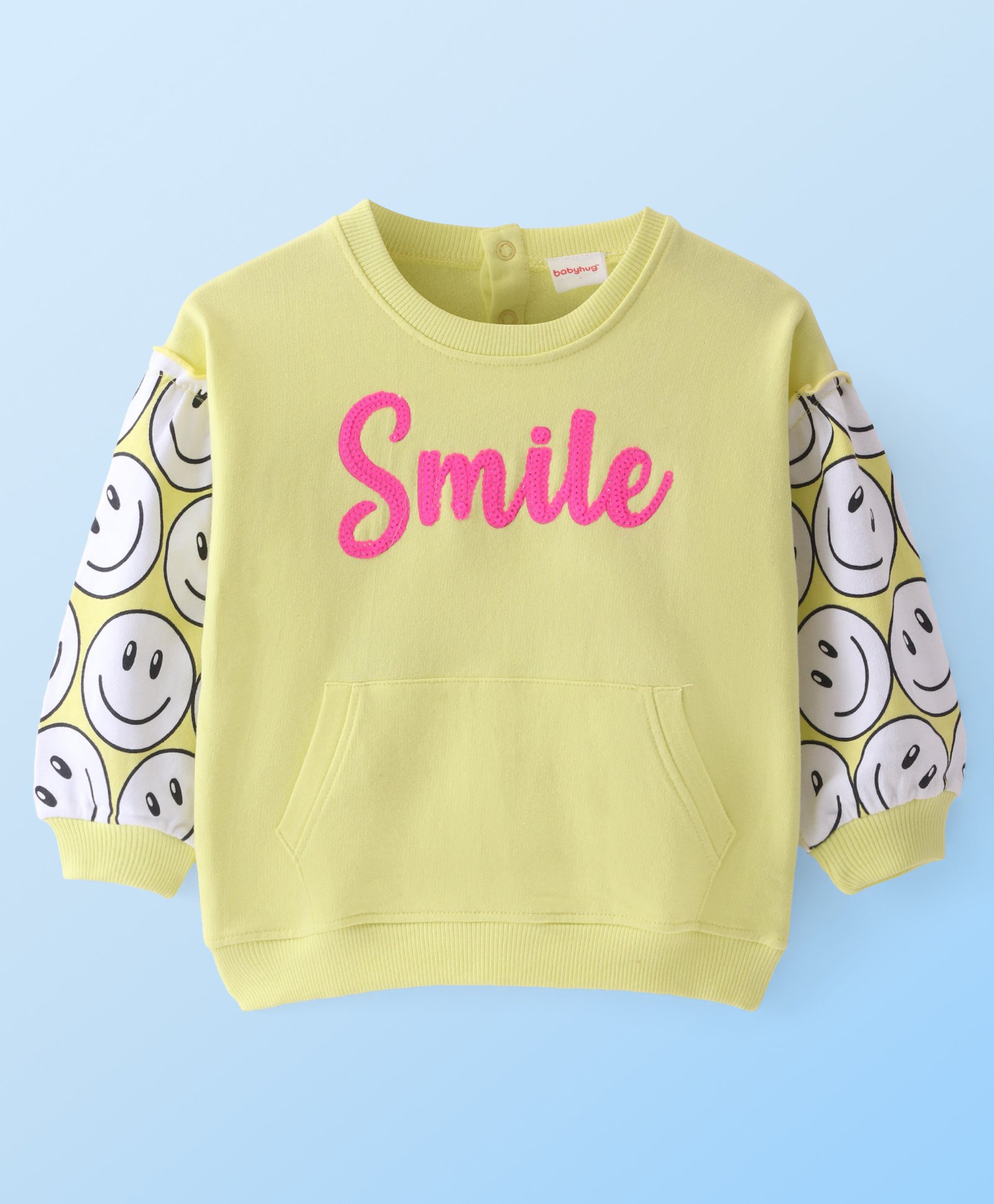 Babyhug Cotton Knit Full Sleeves Drop Shoulder Sweatshirt With Smiley Print - Lime Green-picture-14