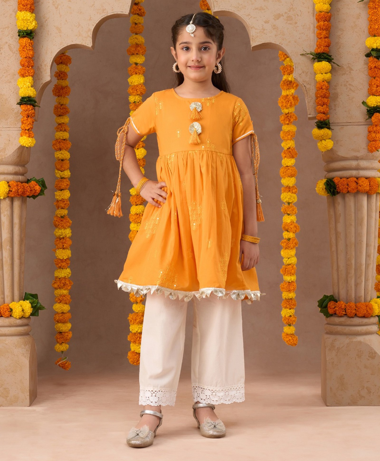 Lil Drama Cotton  Half Sleeves Floral Embroidered Kurta And Pant Set - Orange And White-image-25