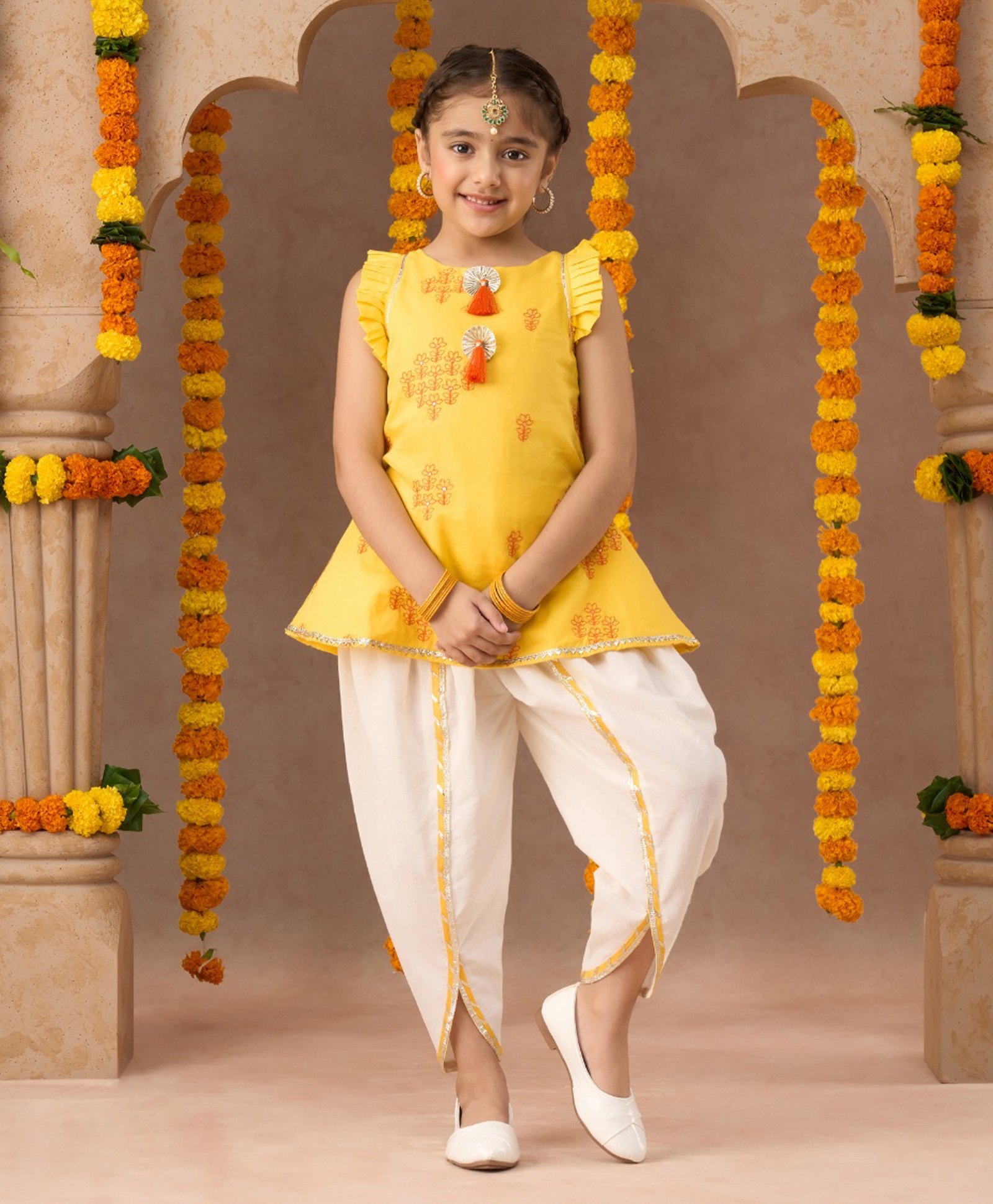 lil' drama Lil Drama Cotton Frill Sleeves Floral Embroidered  Kurta  Dhoti Set - Yellow And White-picture-18