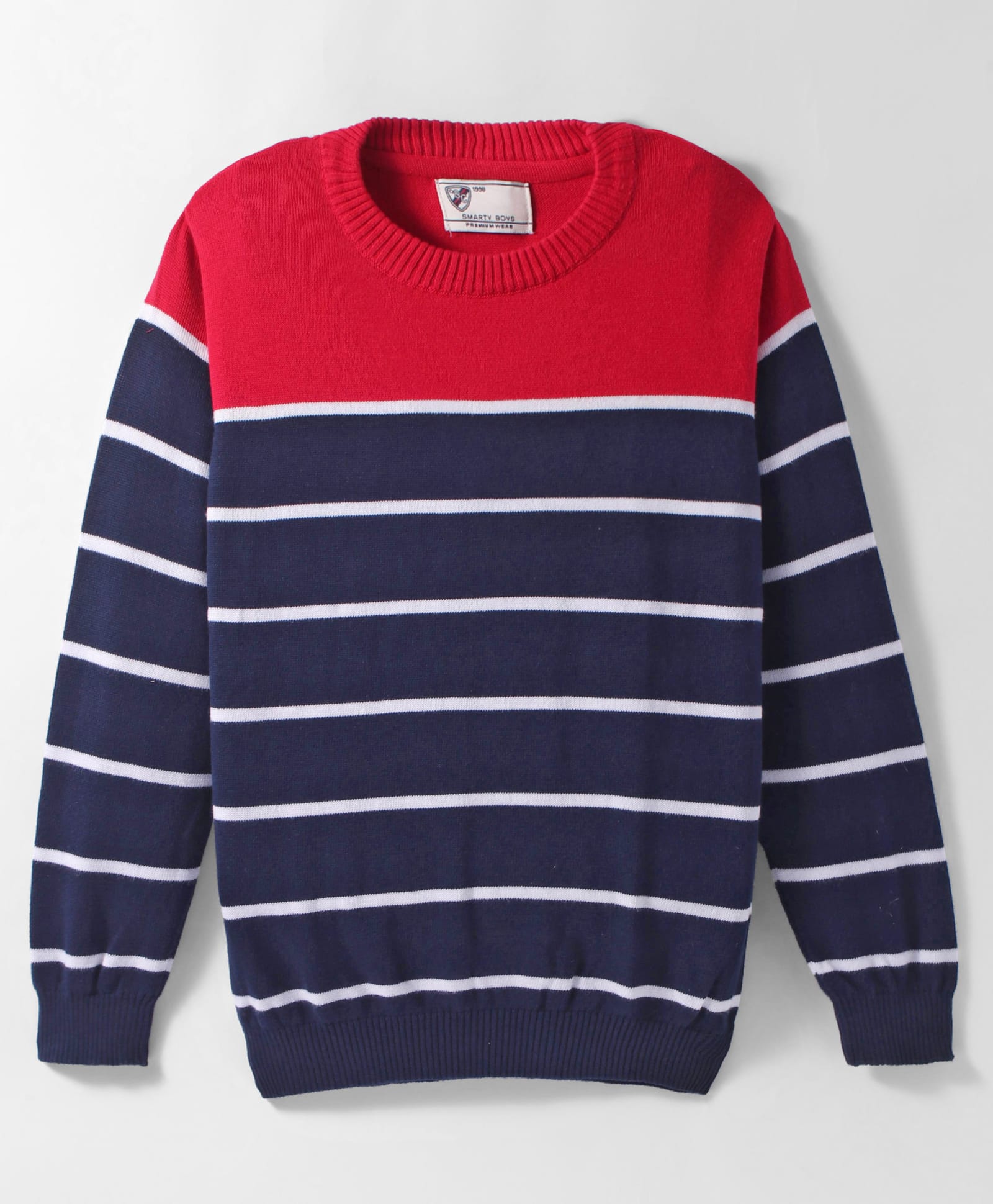Smarty Boys 100% Cotton Knitted Full Sleeves Pullover Striped Sweater - Red-picture-15