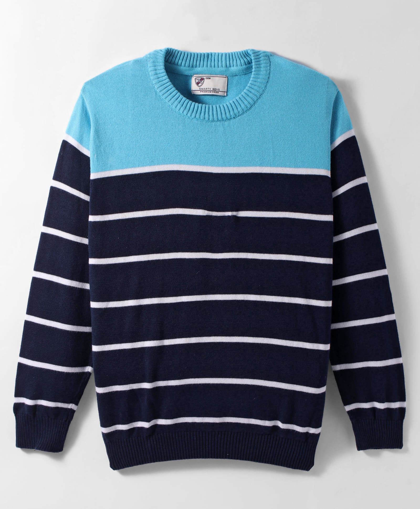Smarty Boys 100% Cotton Knitted Full Sleeves Pullover Striped Sweater - Blue-image-3
