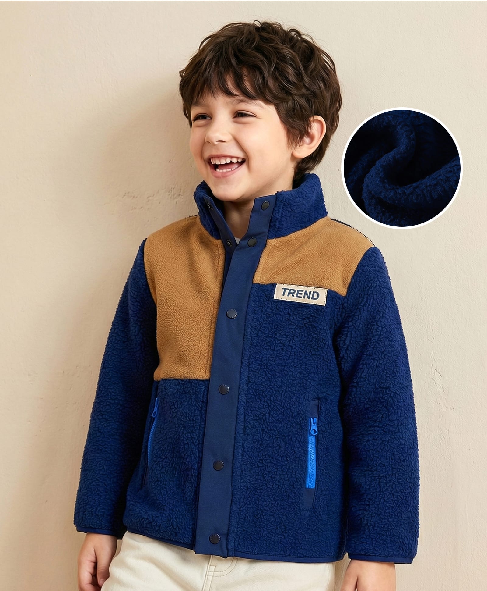 Kookie Kids Full Sleeves High Neck Collar Winter Fur Jacket with Text Patch - Navy Blue-picture-19