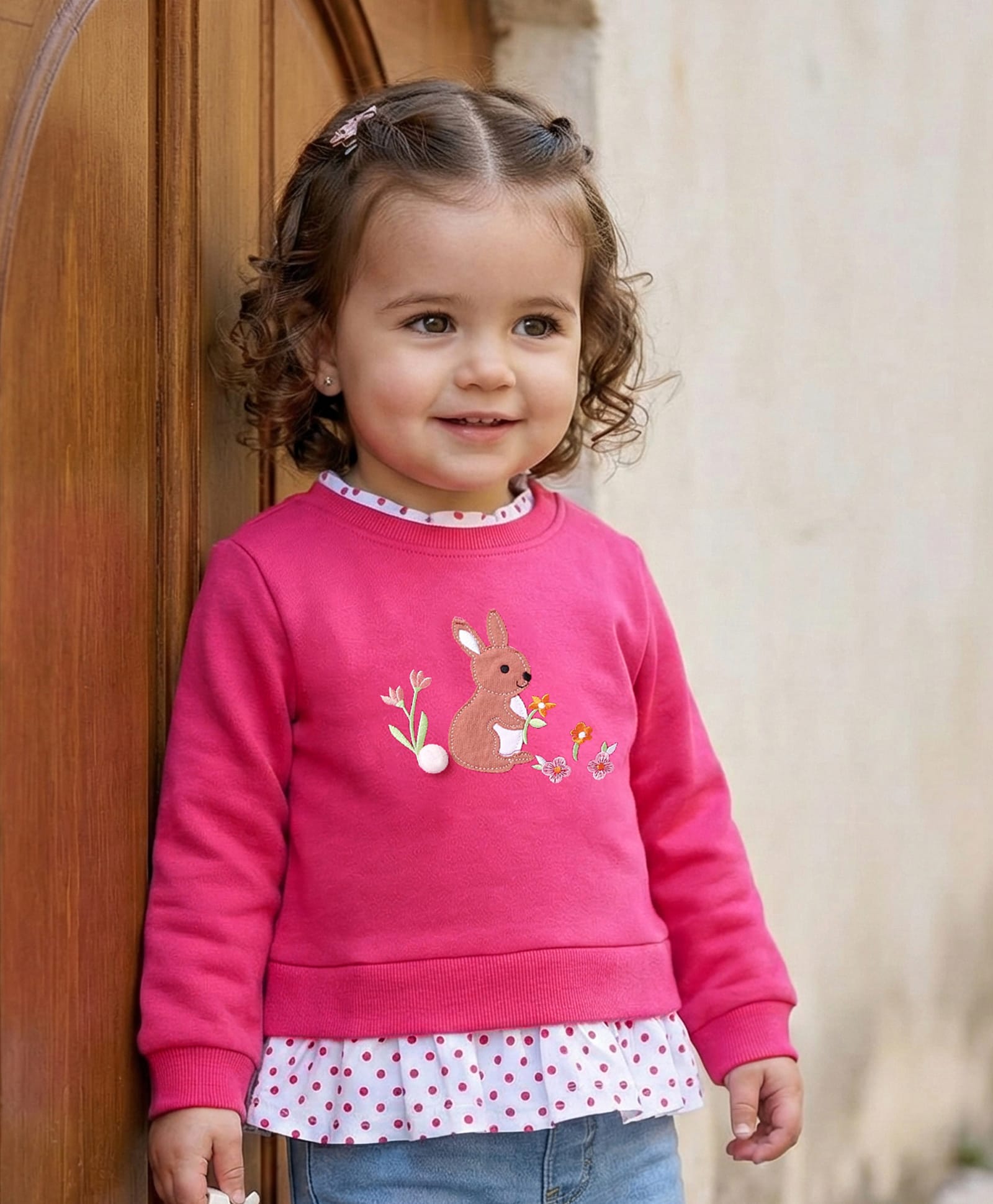 Babyoye Eco Conscious 100% Cotton Full Sleeves Winter Top With Bunny Patch & Floral Embroidered - Dark Pink-picture-21