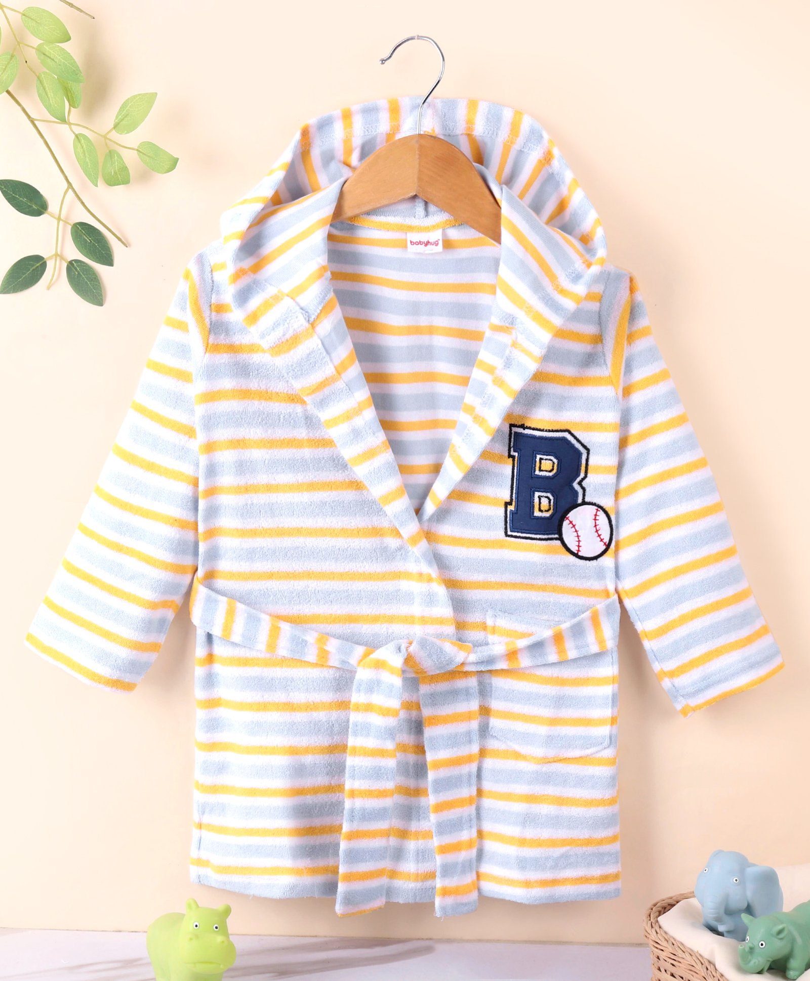 Babyhug Cotton Knit Full Sleeves Striped Bathrobe with Hood - Multicolor-image-28