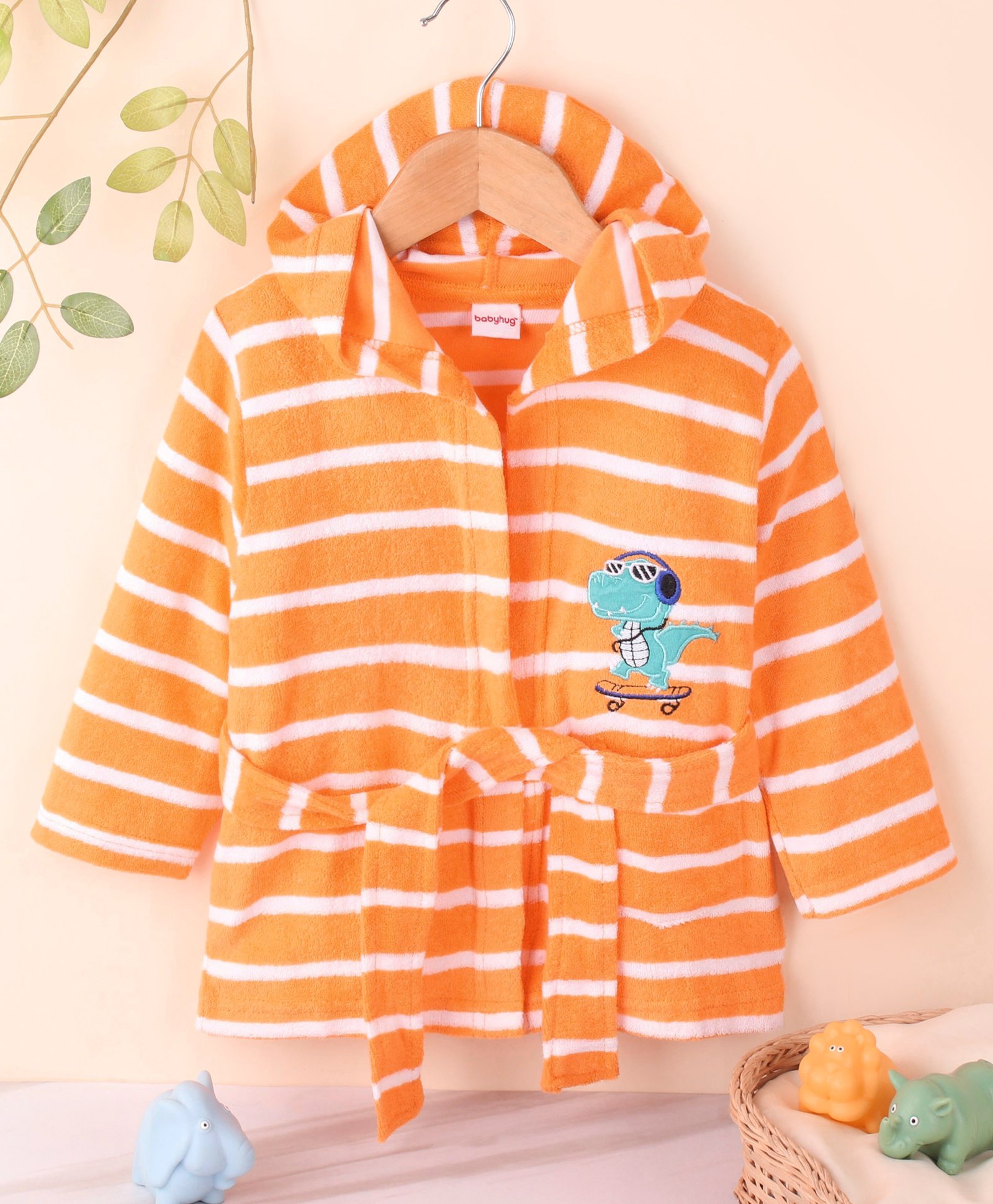 Babyhug Cotton Knit Full Sleeves Striped Hooded  Bathrobe with Dino Embroidery - Orange-image-41