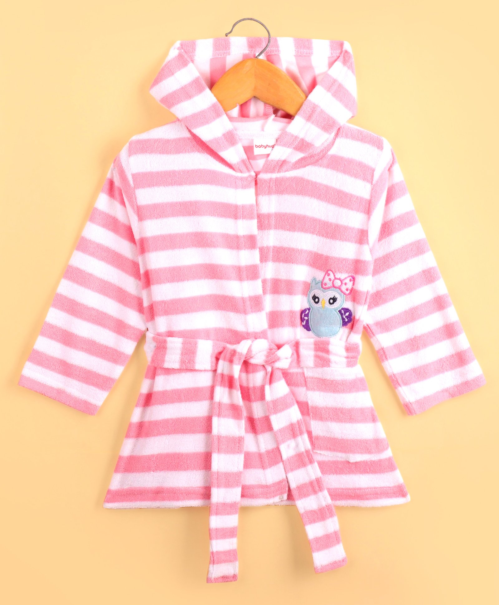 Babyhug Cotton Knit Full Sleeves Striped Hooded  Bathrobe with Owl Embroidery - White & Pink-image-40