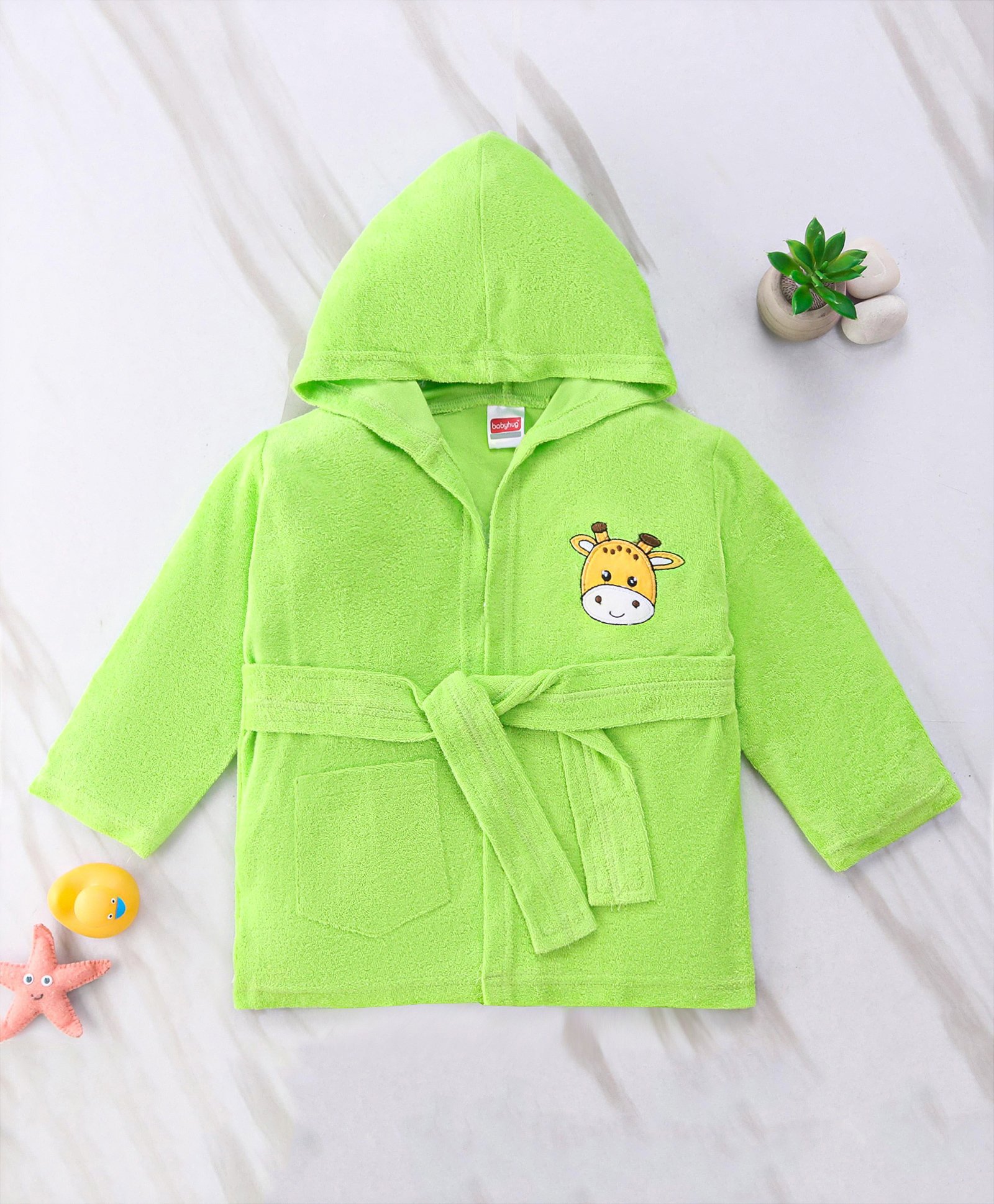Babyhug Full Sleeves Cotton Knit Bathrobe with Hood Tiger Embroidery with Pocket - Green-image-19