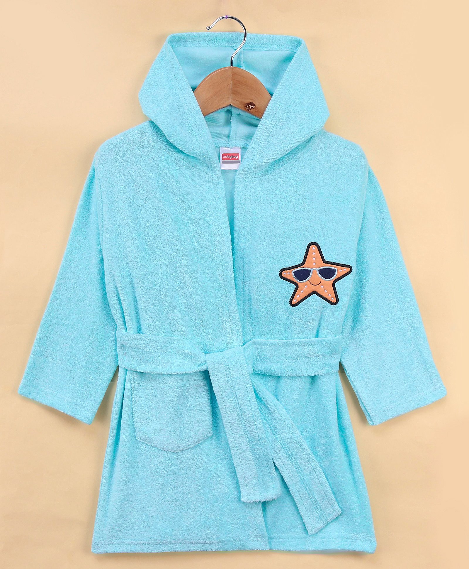 Babyhug Full Sleeves Cotton Knit Hooded Bath Robe  Giraffe Embroidery with Pocket - Blue-image-21