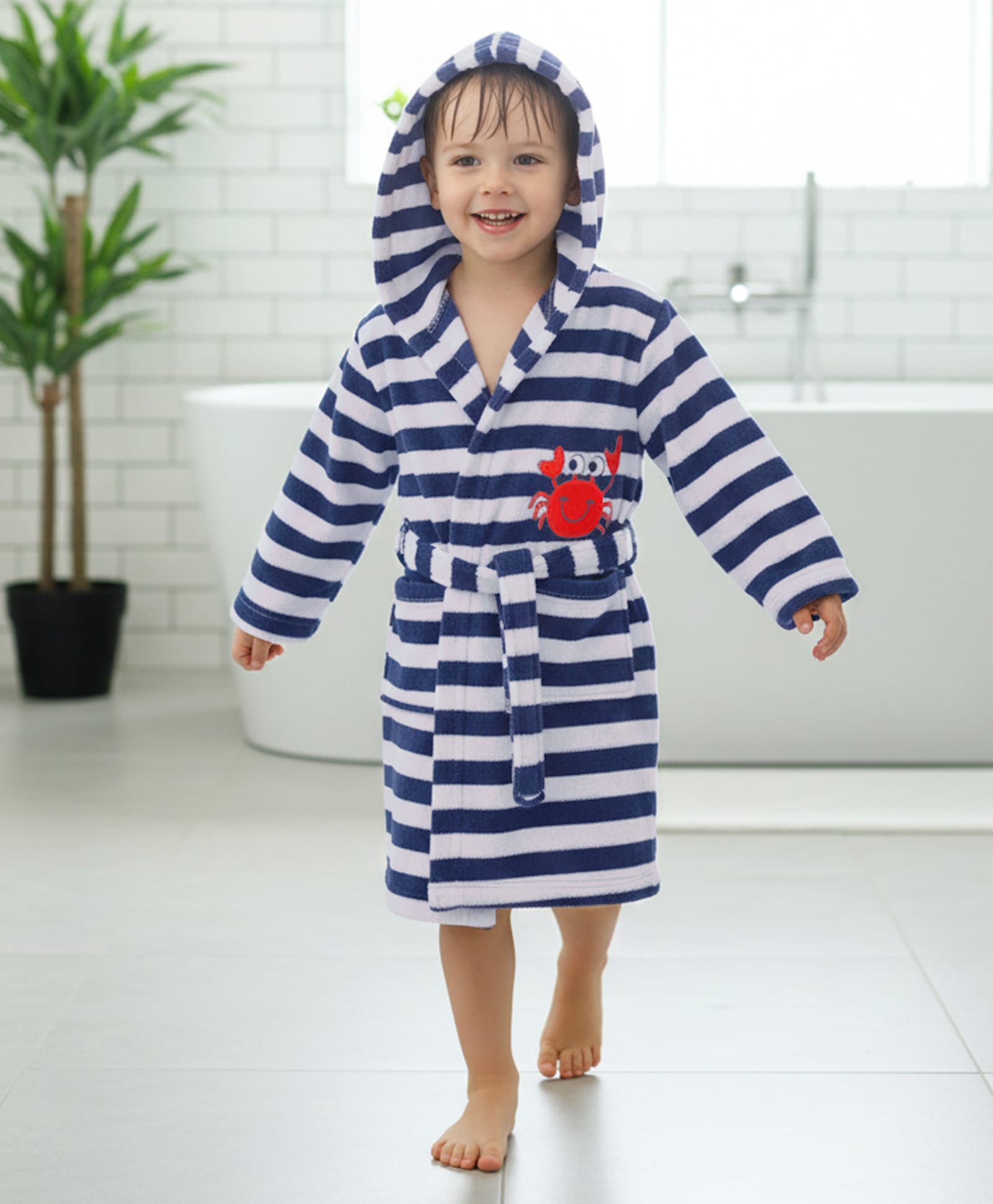 Babyhug Cotton Knit Full Sleeves Hooded Bathrobe with Crab Embroidery - White & Blue-image-25