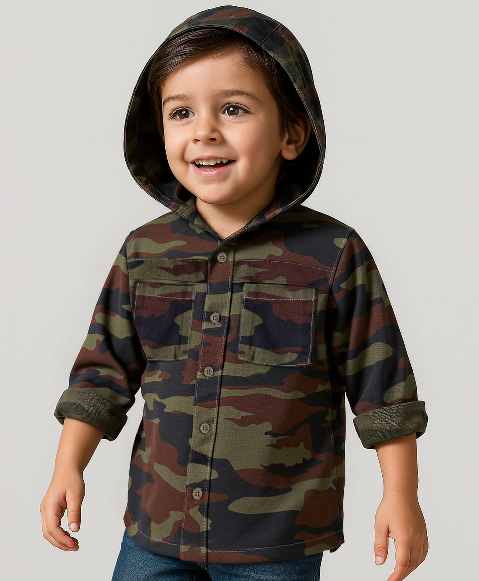 Babyhug Cotton Woven Full Sleeves Hooded Camouflage Printed Shirt - Dark Green-picture-13