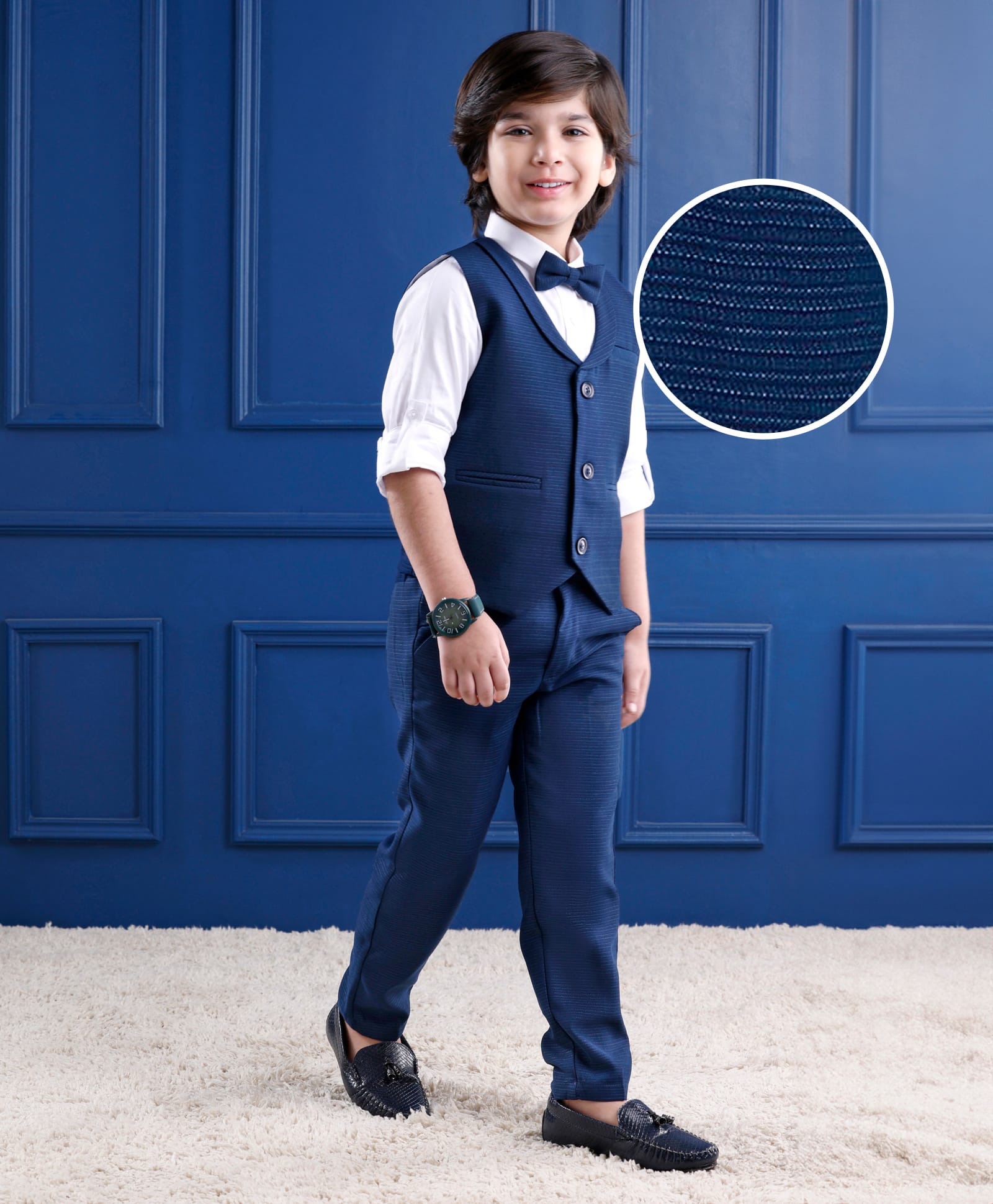 Mark & Mia Cotton Woven Full Sleeves Solid Colour 3 Piece Party Suit With Bow - Navy Blue-picture-37