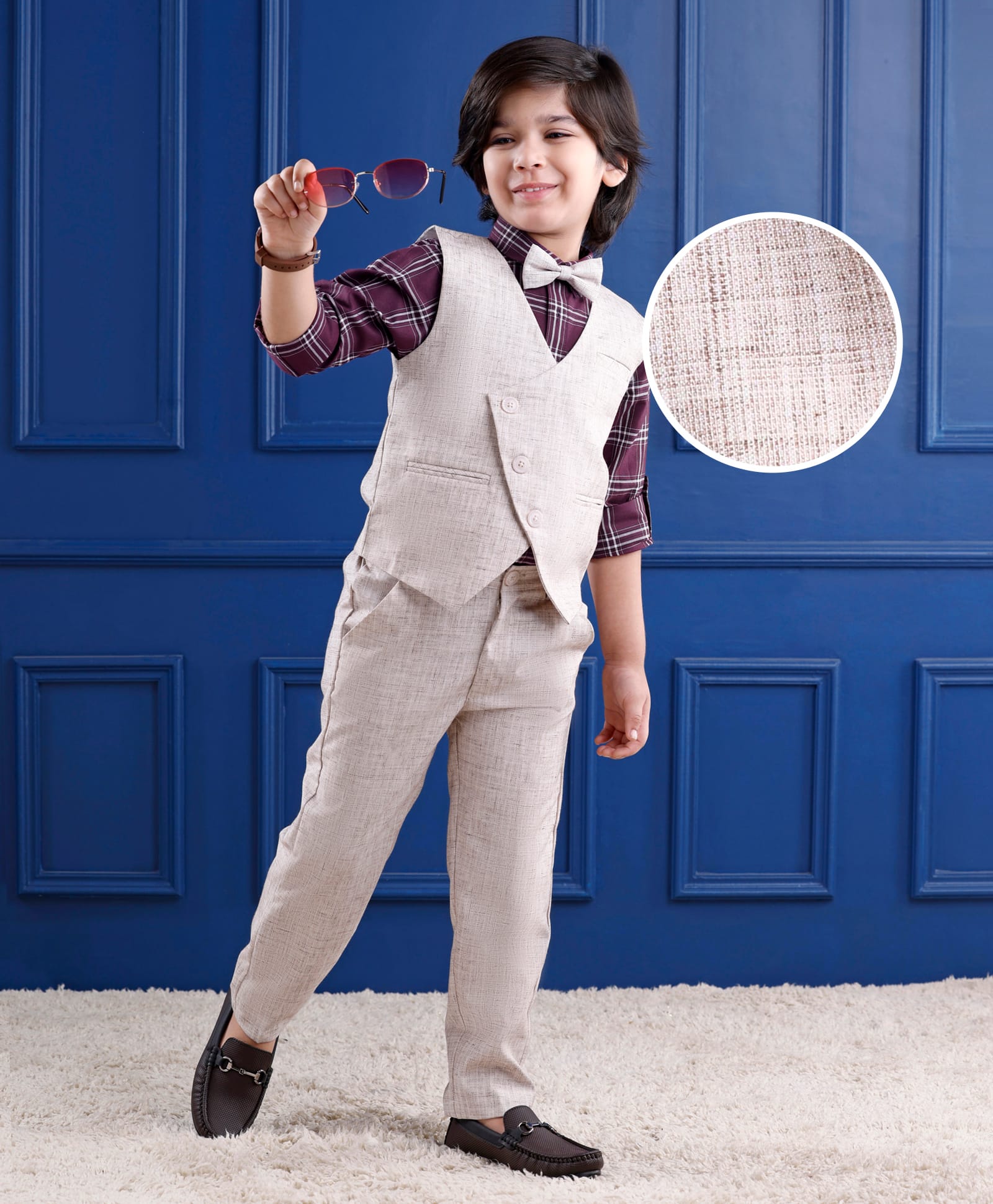 Mark & Mia Full Sleeves Checkered 3 Piece Party Suit with Bow - Wine & Grey-image-30