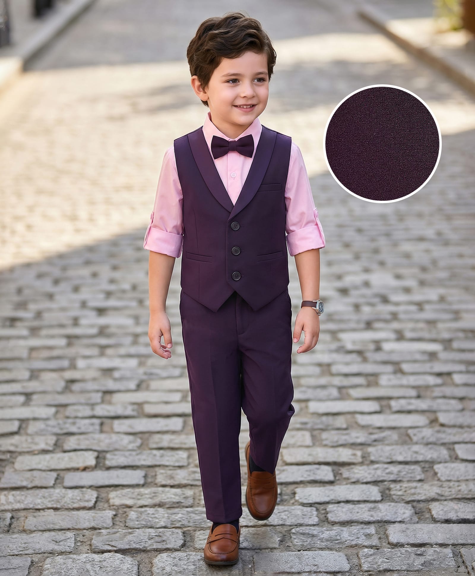 Mark & Mia Woven Full Sleeves Solid Colour 3 Piece Party Suit With Bow -Wine