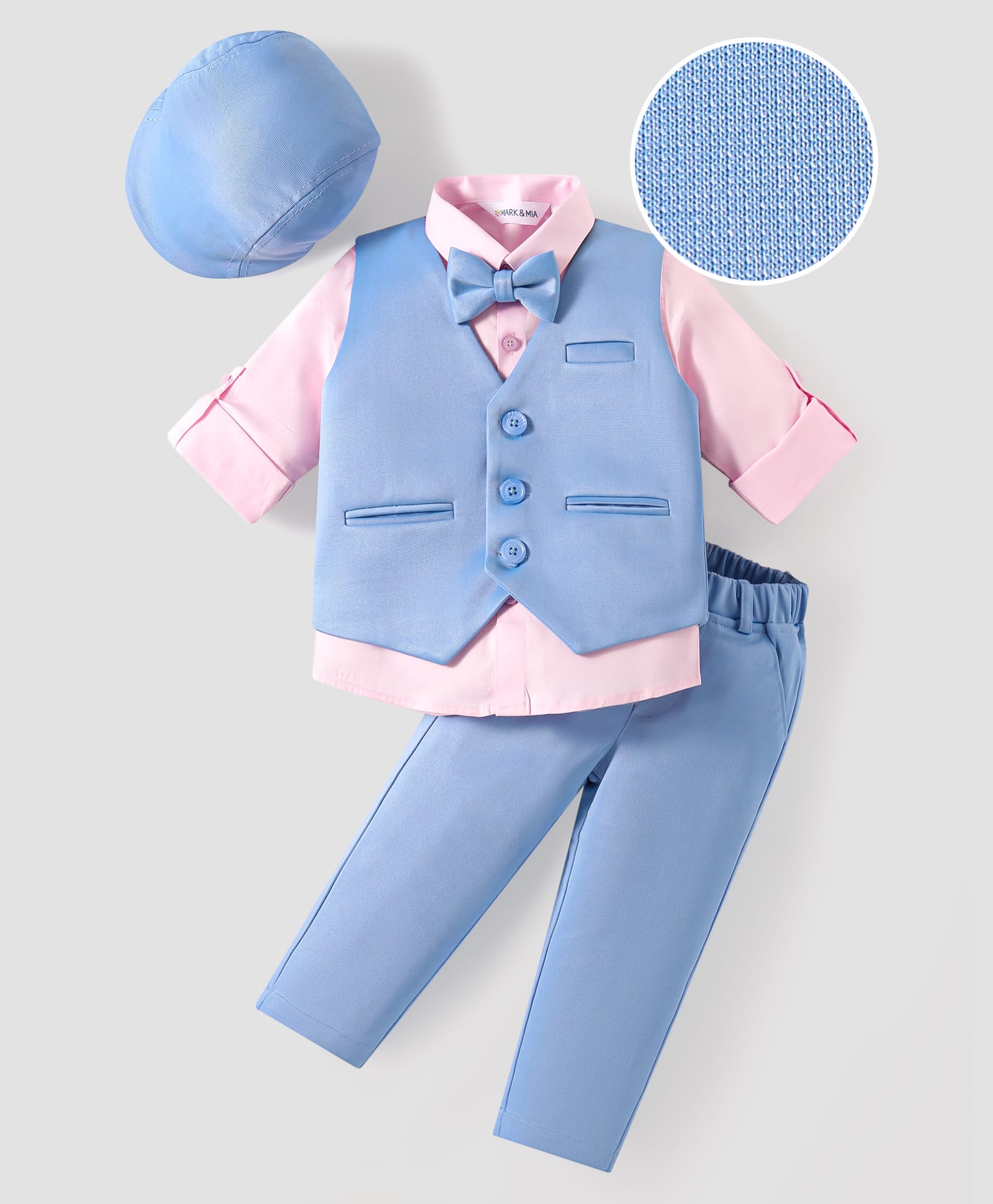 Mark & Mia Full Sleeves Solid Colour 3 Piece Party Suit with Bow & Hat - Light Blue-image-35