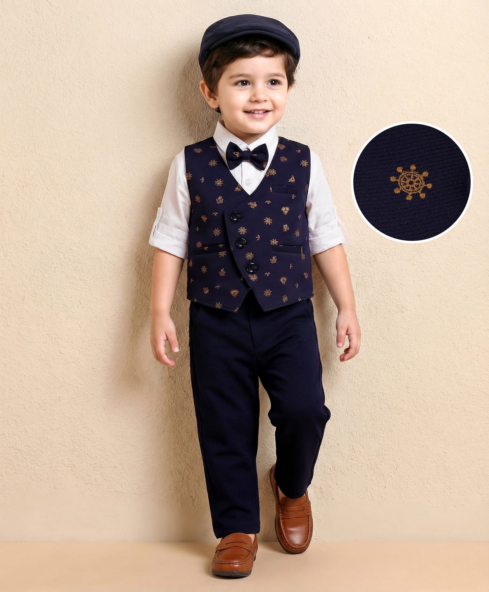 Mark & Mia Full Sleeves Nautical Theme Printed 3 Piece Party Suit with Bow & Hat - Navy Blue