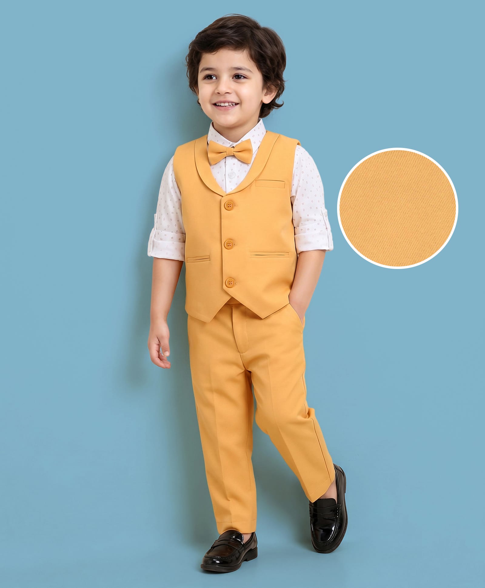 Mark & Mia Full Sleeves Printed 3 Piece Party Suit with Bow - Mustard & White-picture-12