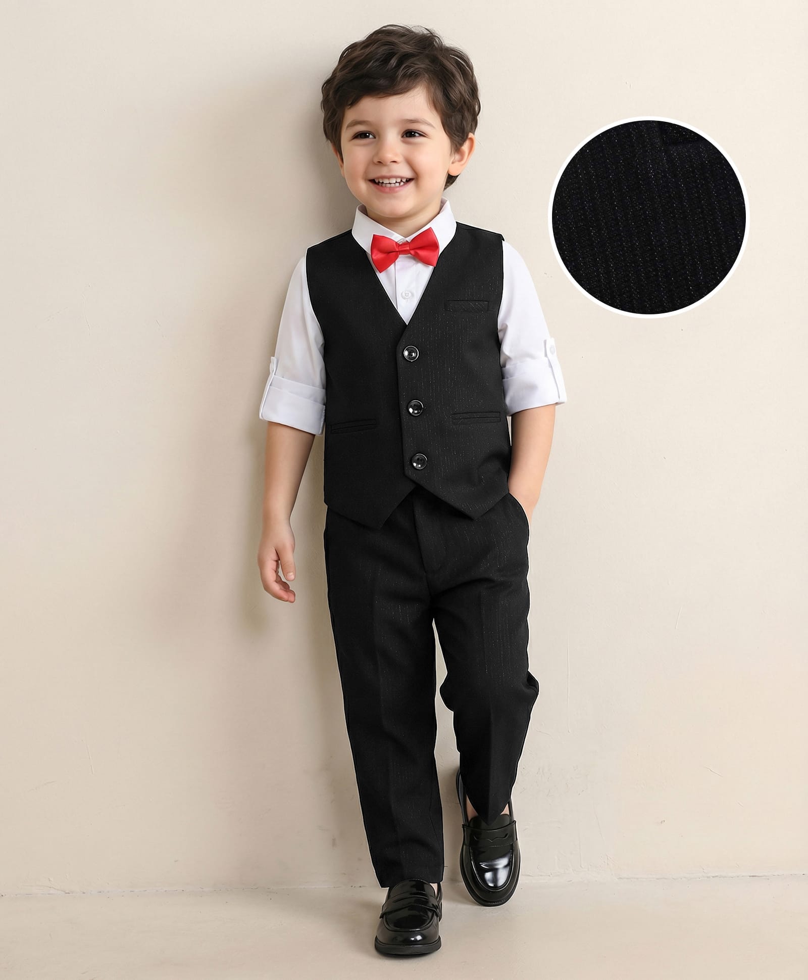 Mark & Mia Woven Full Sleeves Solid Colour 3 Piece Party Suit With Bow - Black-picture-39