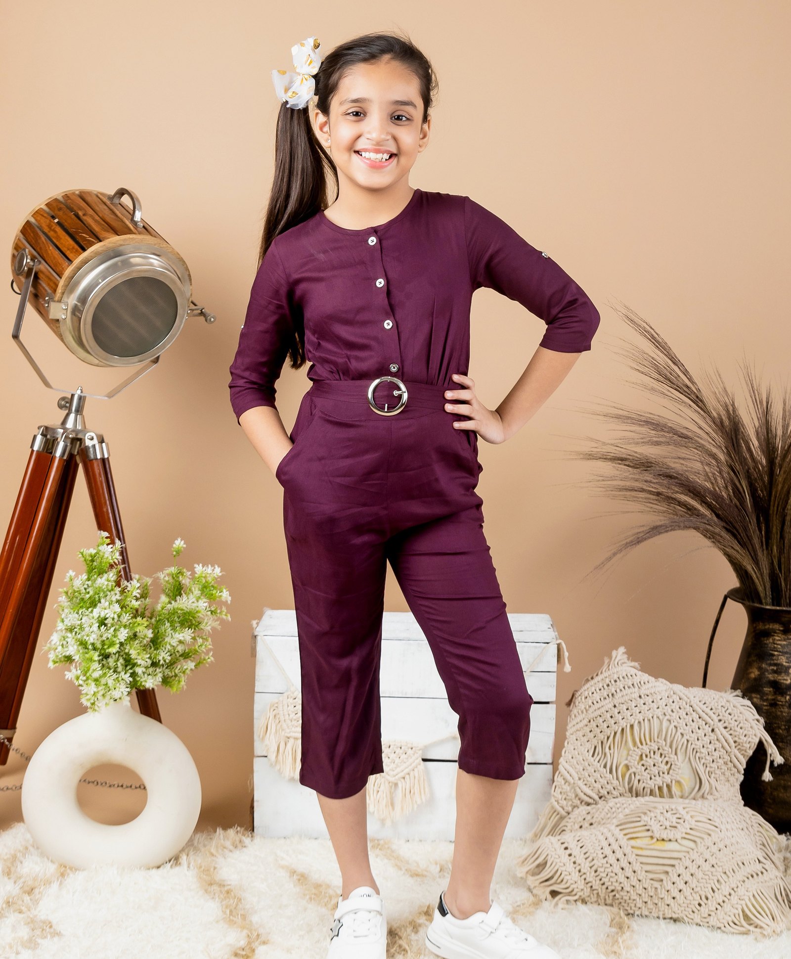Kids Cave Rayon Three Fourth Sleeves Solid  Jumpsuit - Purple-picture-20