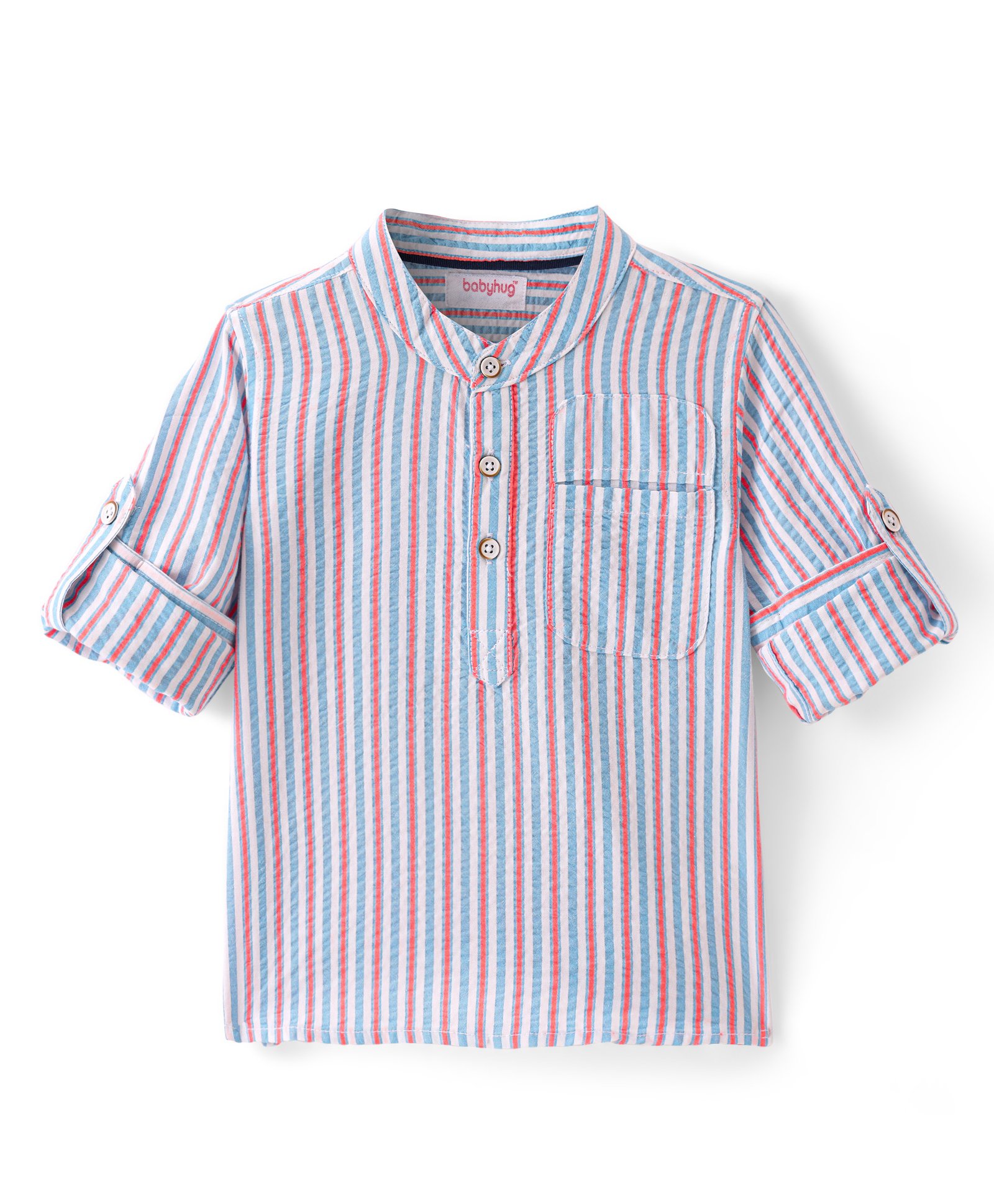 Babyhug Cotton Woven seersucker Full Sleeves Mandarin Collar Striped Kurta Shirt - Multicolor-image-14