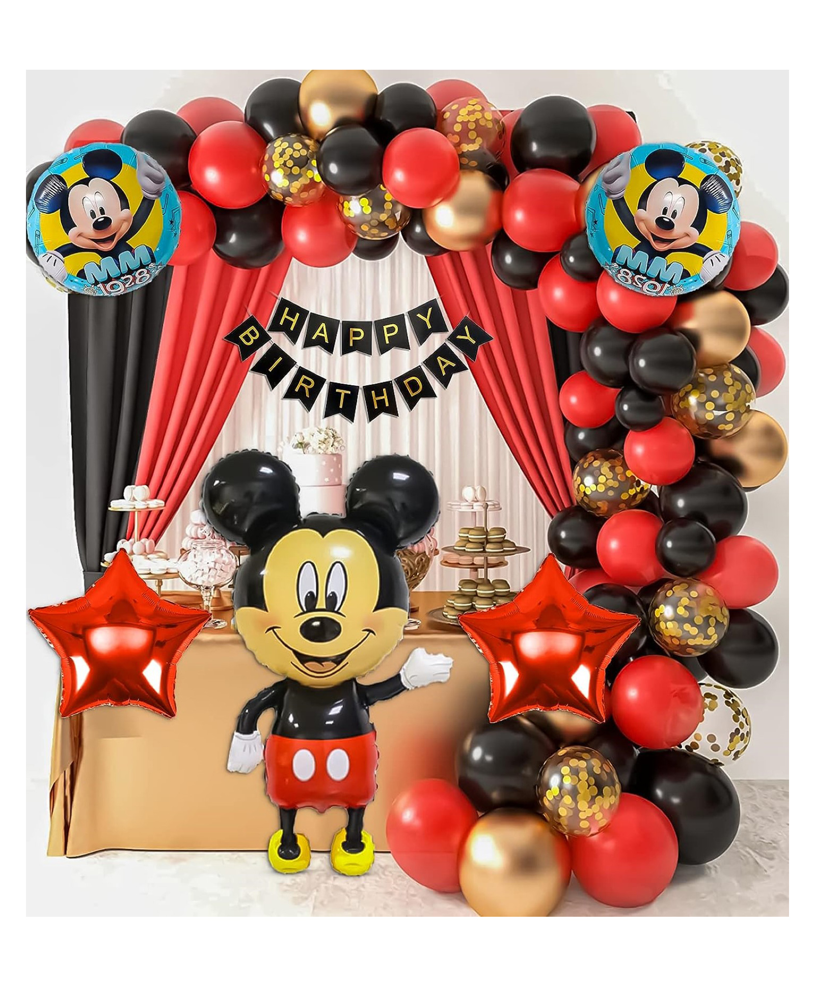 Bubble Trouble  Mickey Mouse Theme Birthday Decoration Items For Boys And Girls With Red Black Confetti And Metallic Gold Balloons With Mickey Mouse Foil Balloons And Hbd Banner- Set Of 59 Items